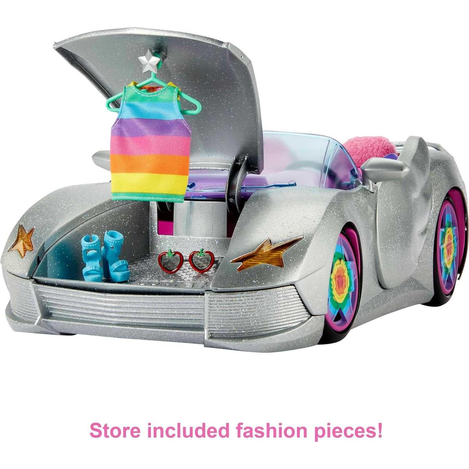 Extra Toy Car with Fashion Accessories & Puppy, Sparkly Silver 2-Seater Convertible with Hood Storage & Pet Pool, Sized for Fashion Dolls