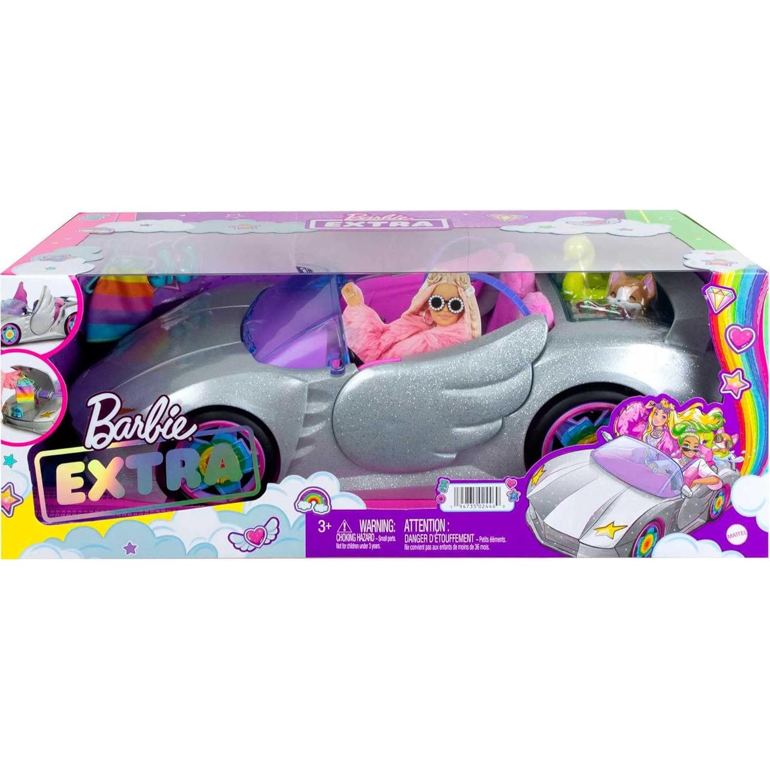 Extra Toy Car with Fashion Accessories & Puppy, Sparkly Silver 2-Seater Convertible with Hood Storage & Pet Pool, Sized for Fashion Dolls