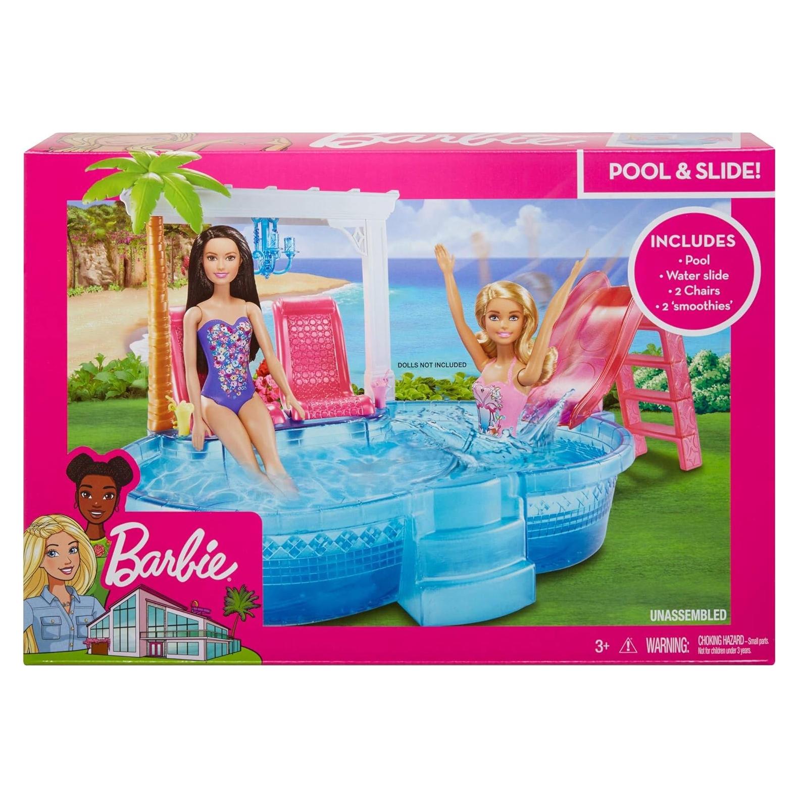 Barbie Glam Pool con Tobogán Rosa y Sillas - Mattel