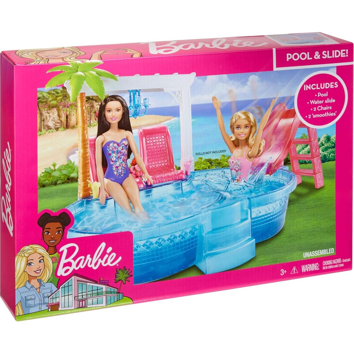 Barbie Glam Pool con Tobogán Rosa y Sillas - Mattel
