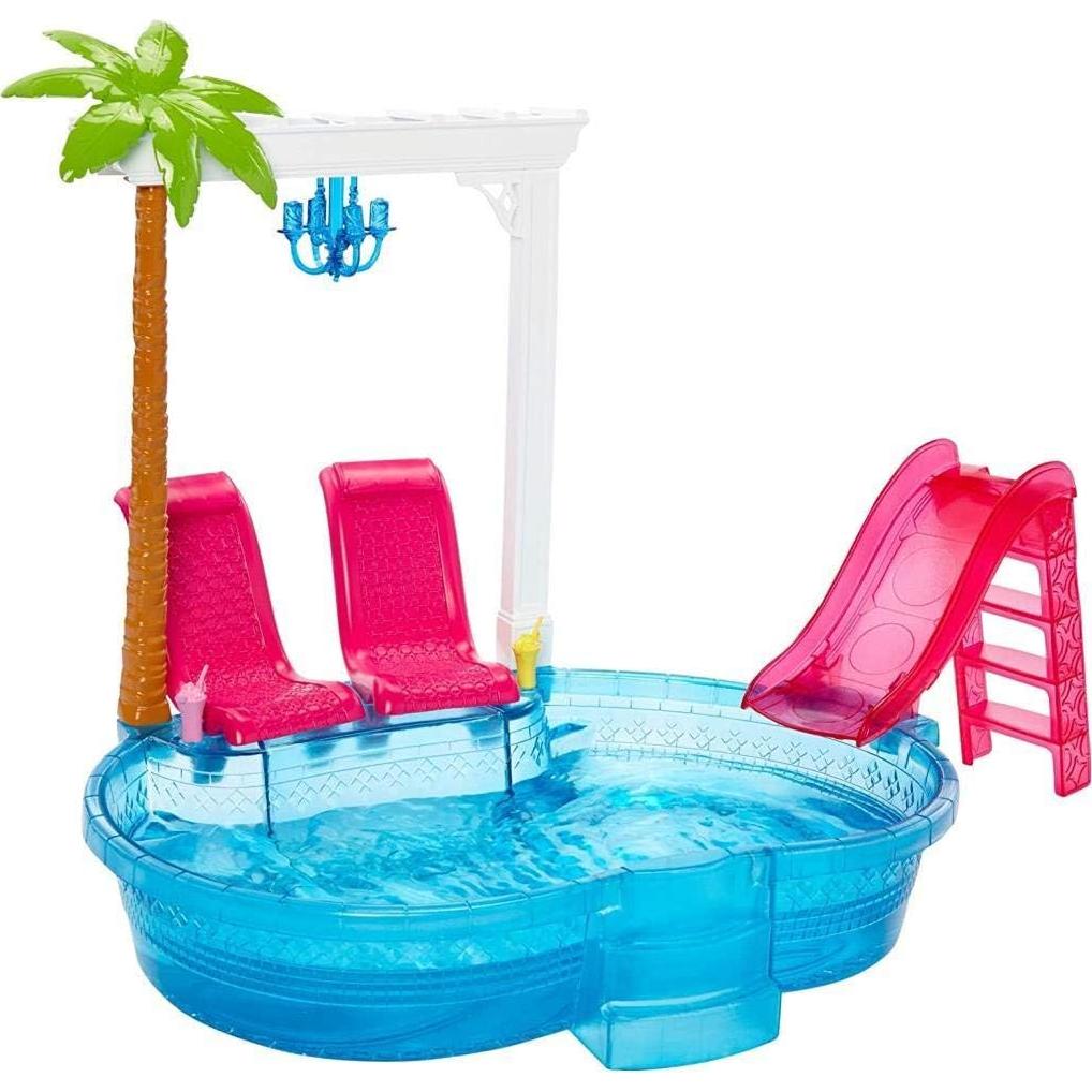Barbie Glam Pool con Tobogán Rosa y Sillas - Mattel