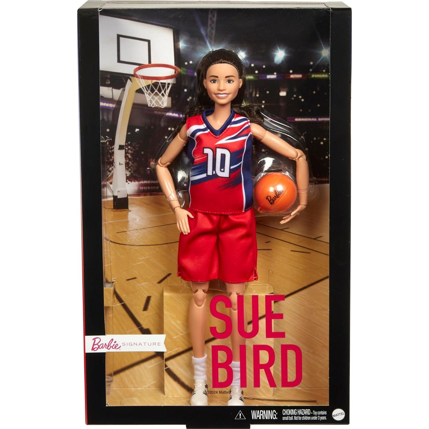 Muñeca Barbie Sue Bird con uniforme No. 10 y baloncesto