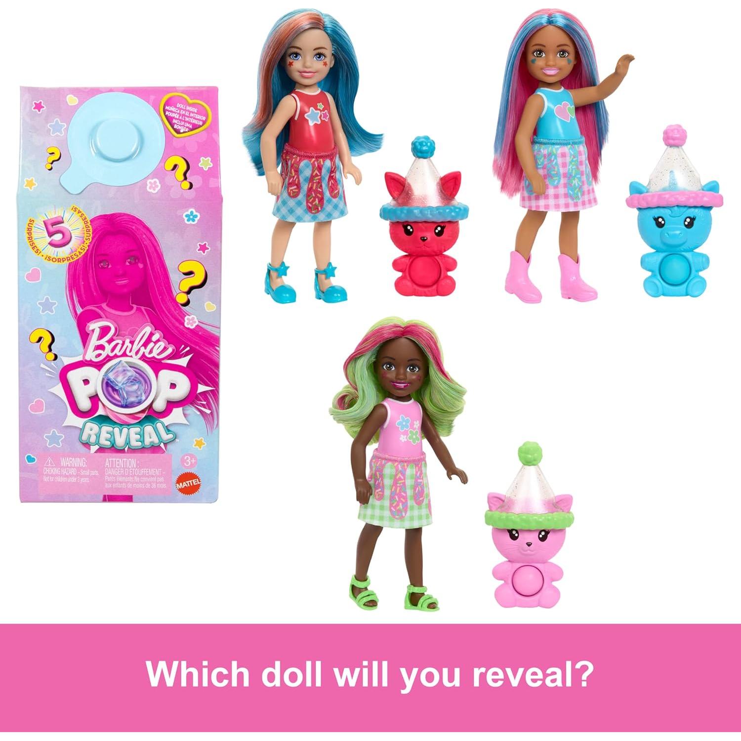 Chelsea Pop Reveal Doll Set, Shakes Series with 5 Surprises Including Scented Small Doll, Pop-It Pet & Color Change (Styles May Vary)