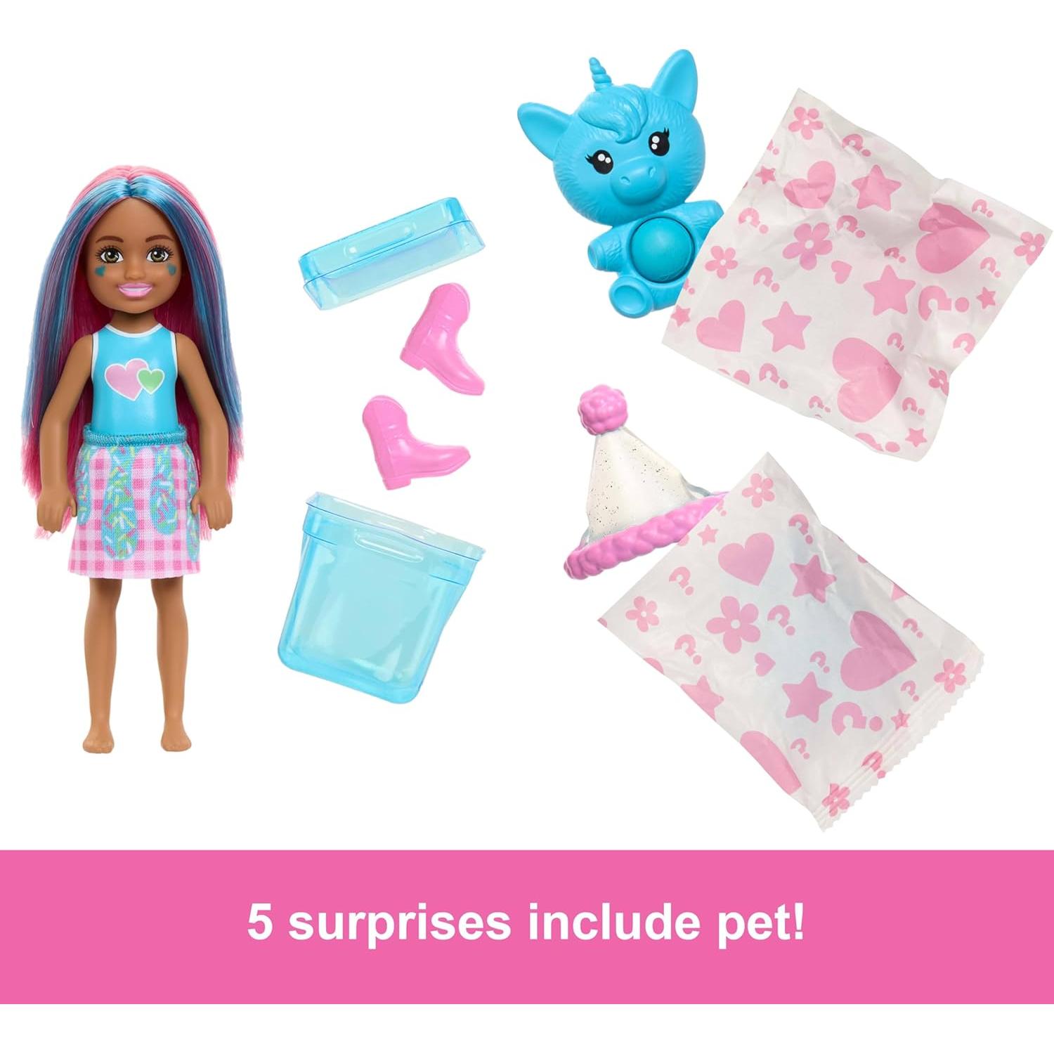 Chelsea Pop Reveal Doll Set, Shakes Series with 5 Surprises Including Scented Small Doll, Pop-It Pet & Color Change (Styles May Vary)