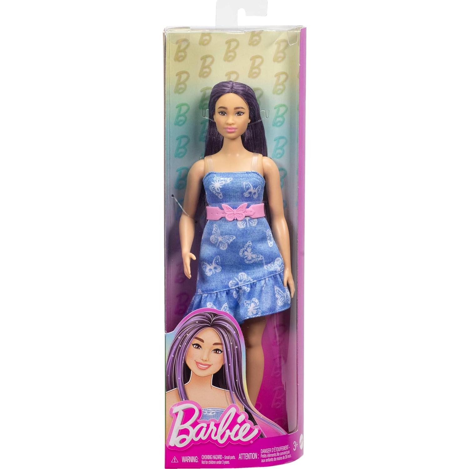 Muñeca Barbie Fashionistas #231 con cabello púrpura y vestido de mezclilla
