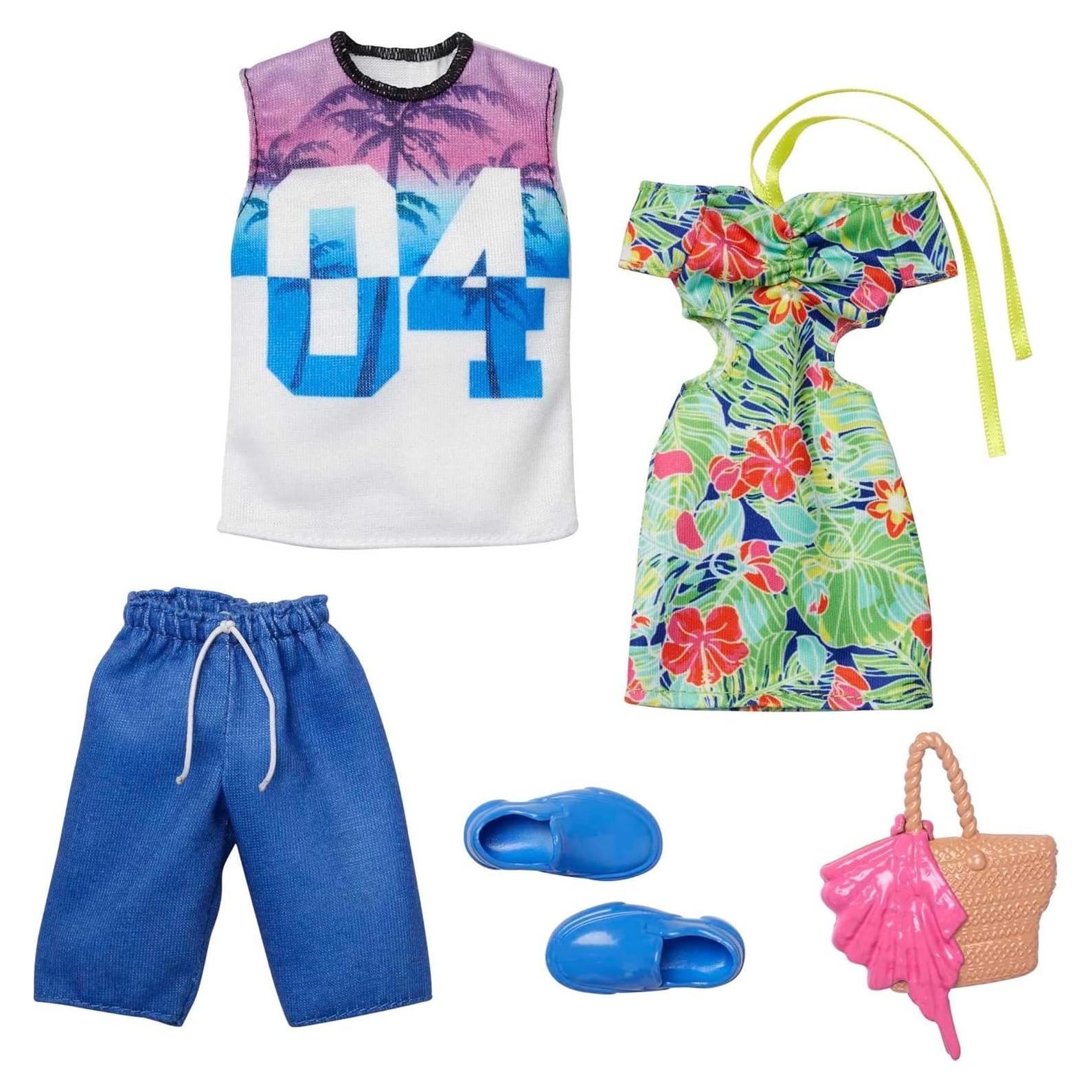 Conjunto de Ropa Barbie y Ken - Vestido Tropical y Camiseta