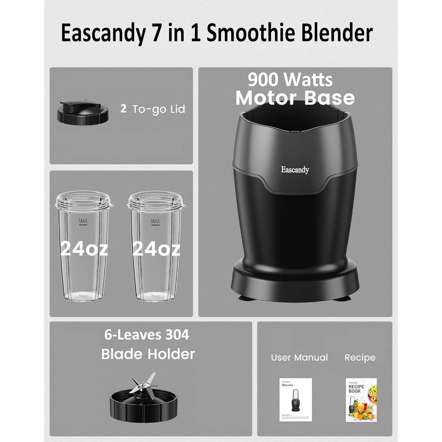 Mezclador Personal Eascandy 900W 7 en 1 con 2 Tazas 24oz