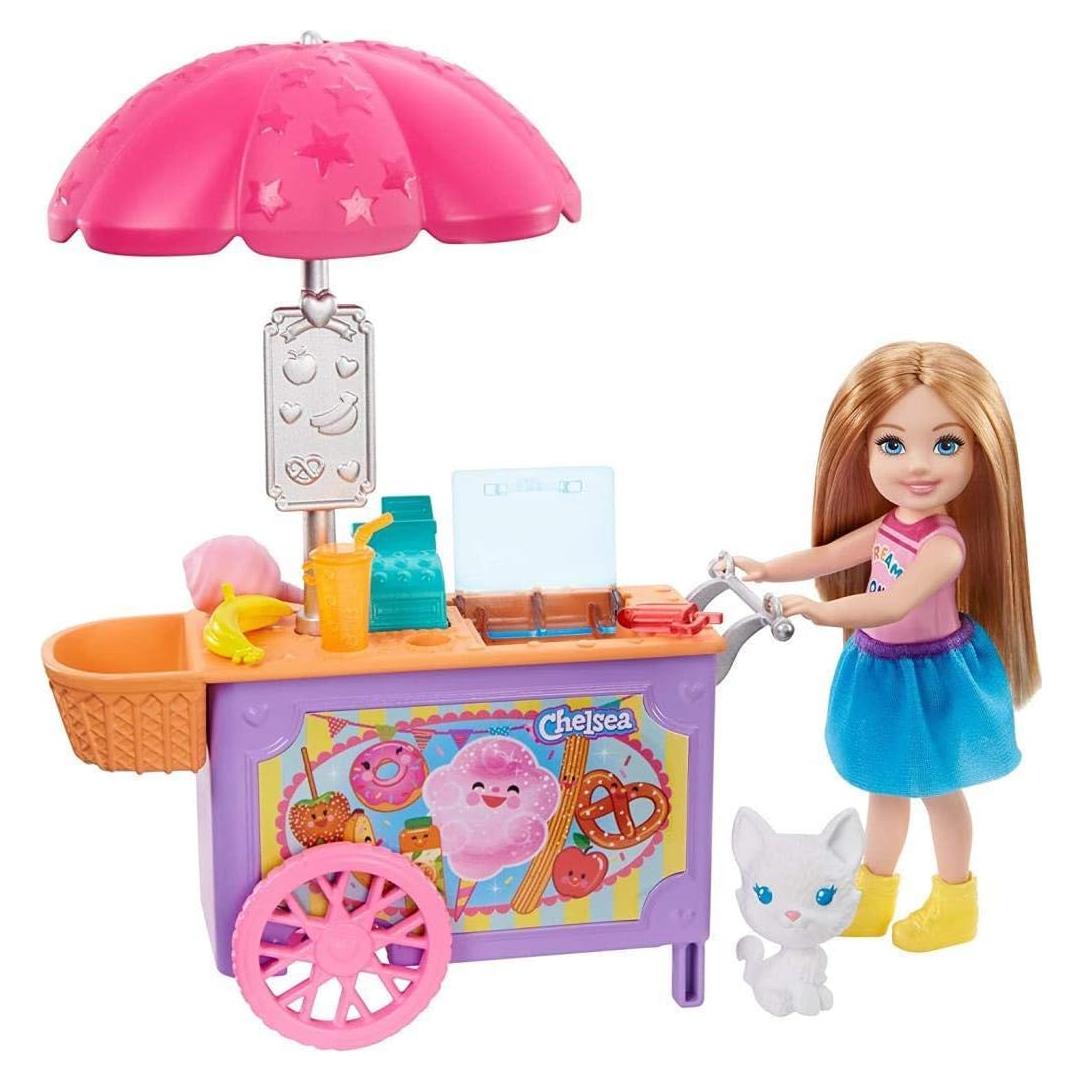 Muñeca Barbie Club Chelsea con carrito de bocadillos 15 cm