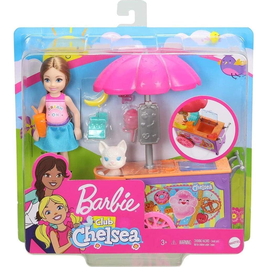 Muñeca Barbie Club Chelsea con carrito de bocadillos 15 cm