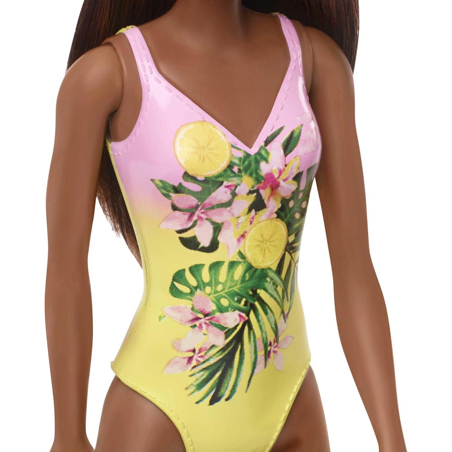 Muñeca Barbie Playa con Traje de Baño Floral Rosa y Amarillo