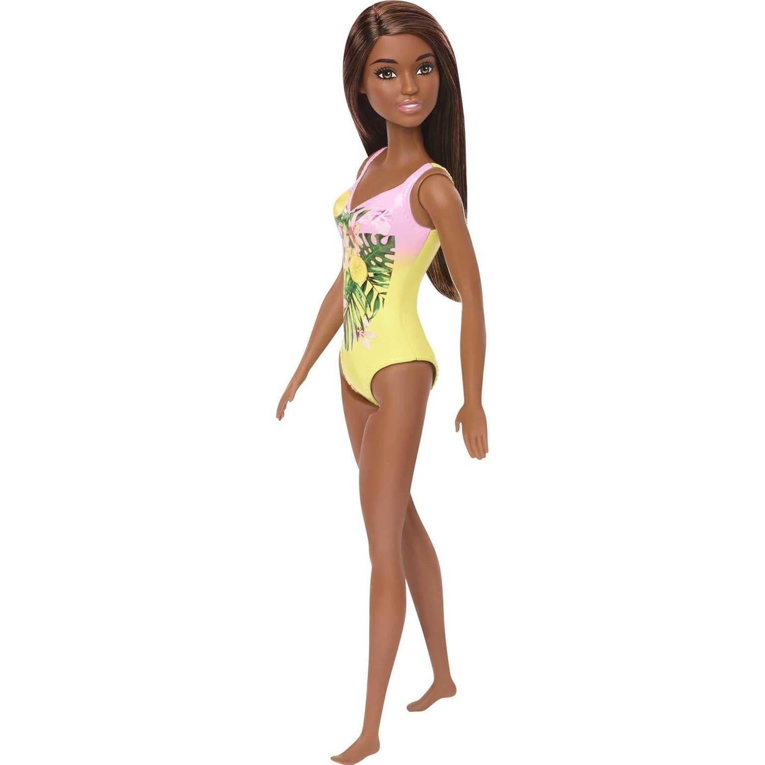 Muñeca Barbie Playa con Traje de Baño Floral Rosa y Amarillo