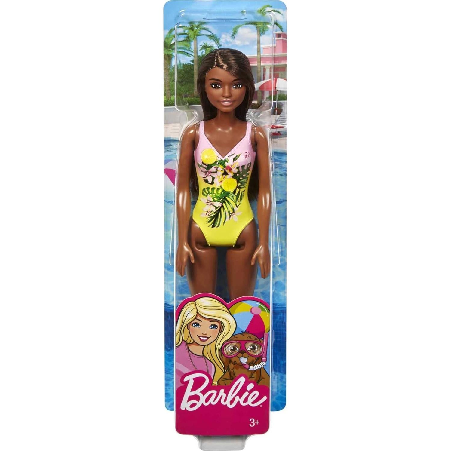 Muñeca Barbie Playa con Traje de Baño Floral Rosa y Amarillo