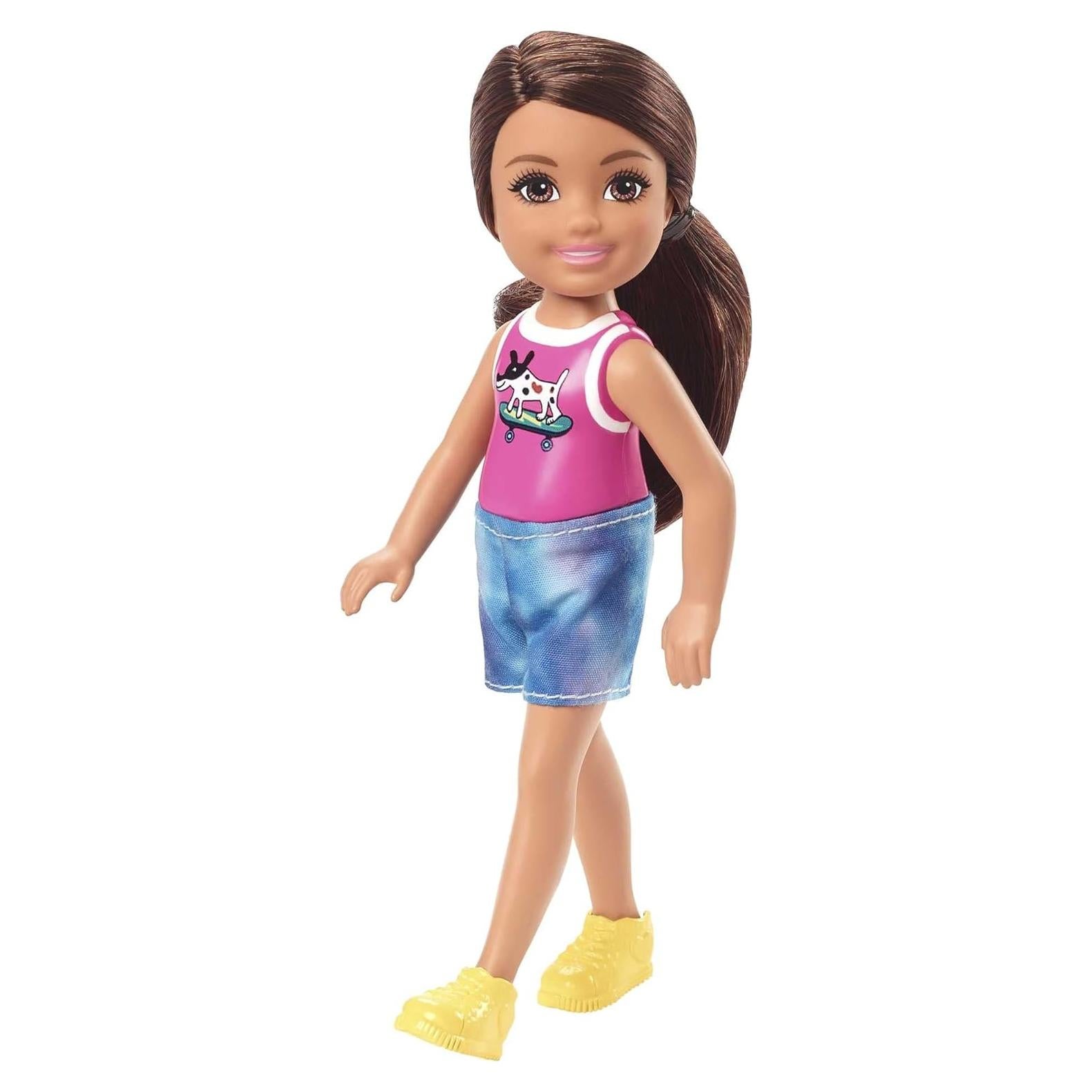 Chelsea Doll (6-inch Brunette) Wearing Sparkly Skirt, Molded Unicorn Top & Green Shoes, Gift for 3 to 7 Year Olds