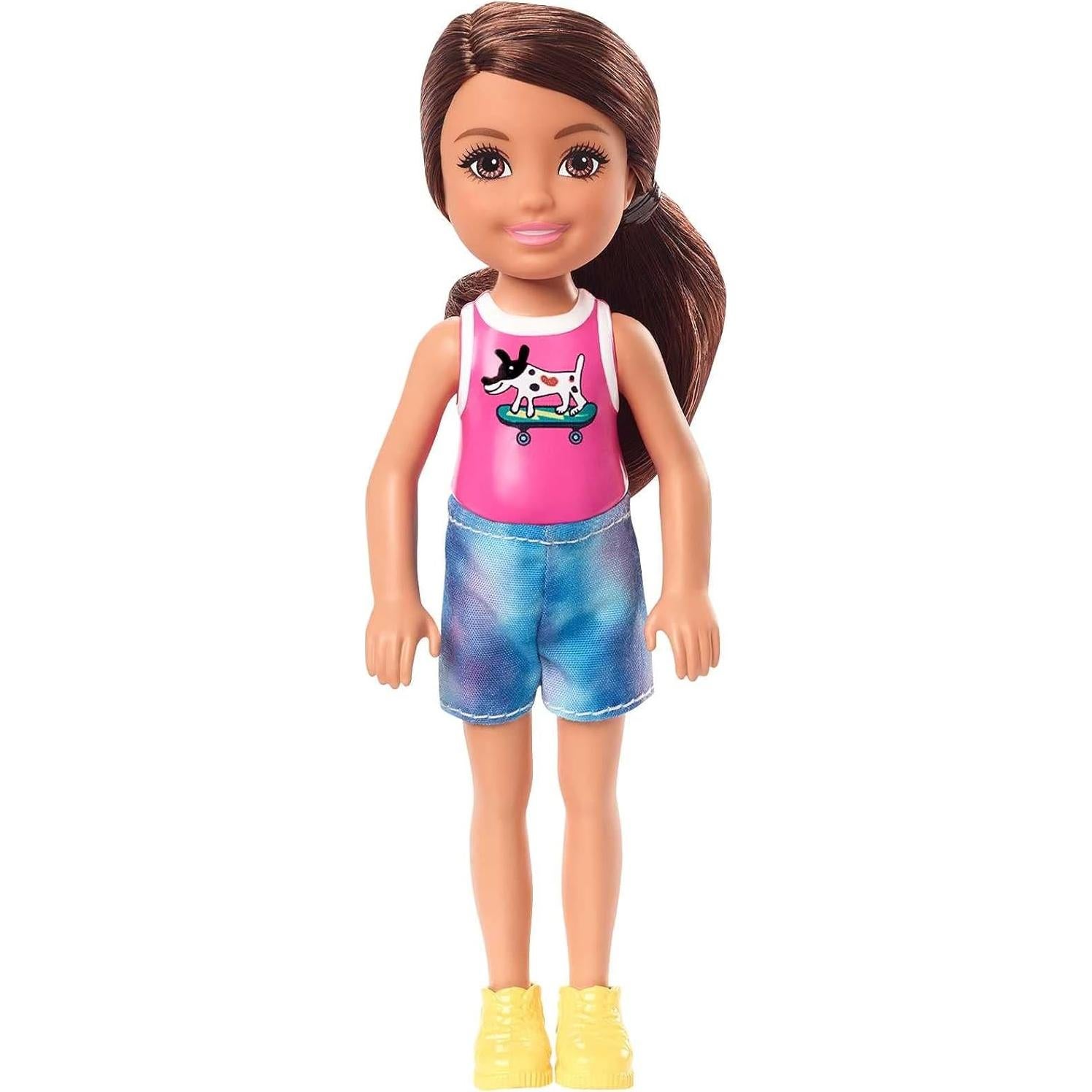 Chelsea Doll (6-inch Brunette) Wearing Sparkly Skirt, Molded Unicorn Top & Green Shoes, Gift for 3 to 7 Year Olds