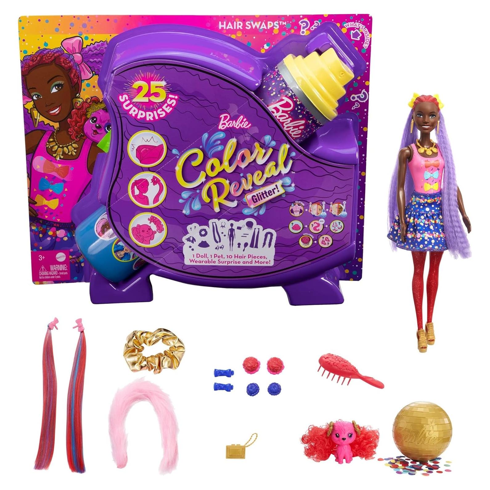 Barbie Color Reveal Glitter! Muñeca Intercambio de Cabello 25 Sorpresas