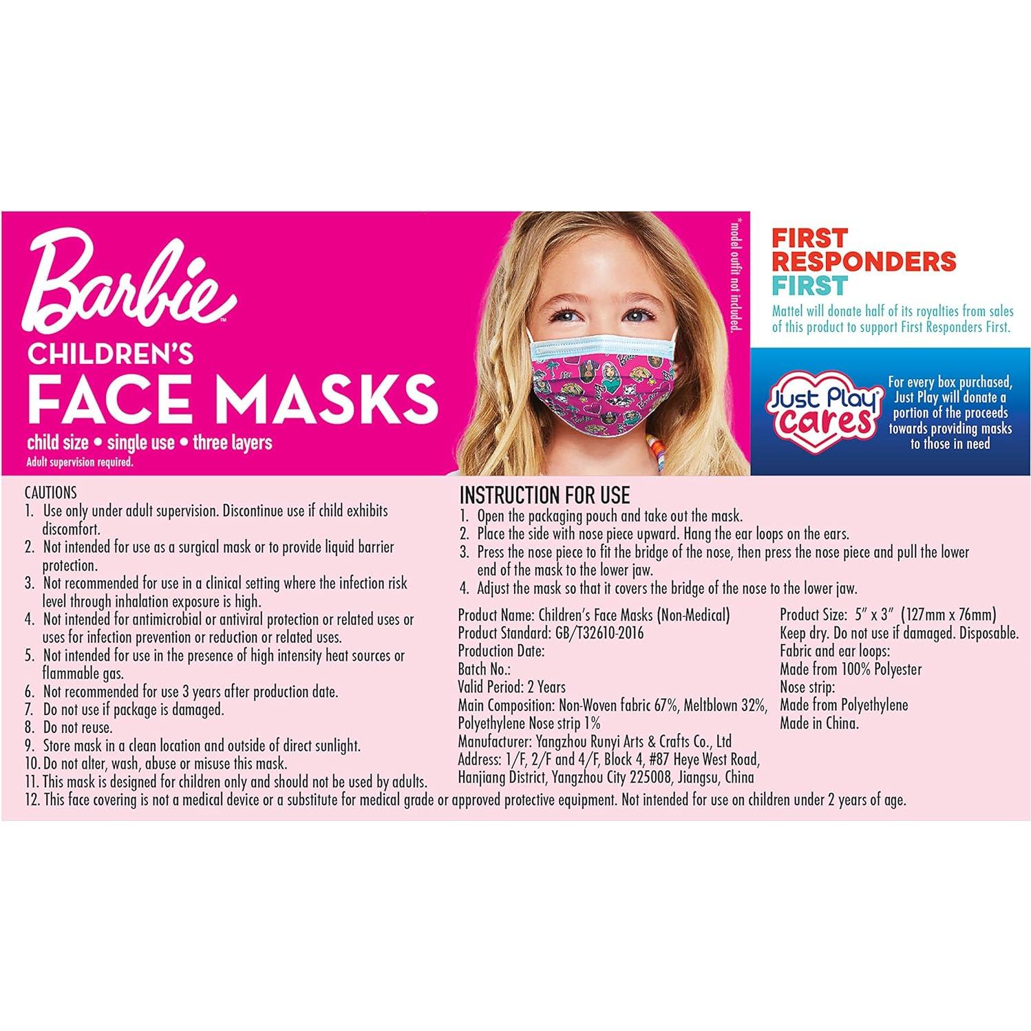 Mascarillas desechables para niños Barbie - 14 unidades, 2 a 7 años