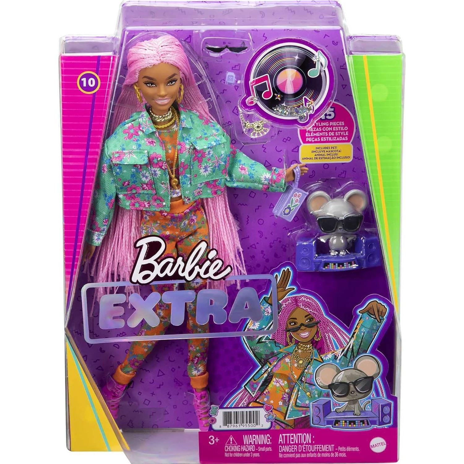 Muñeca Barbie Extra con trenzas rosas y accesorios - Mattel