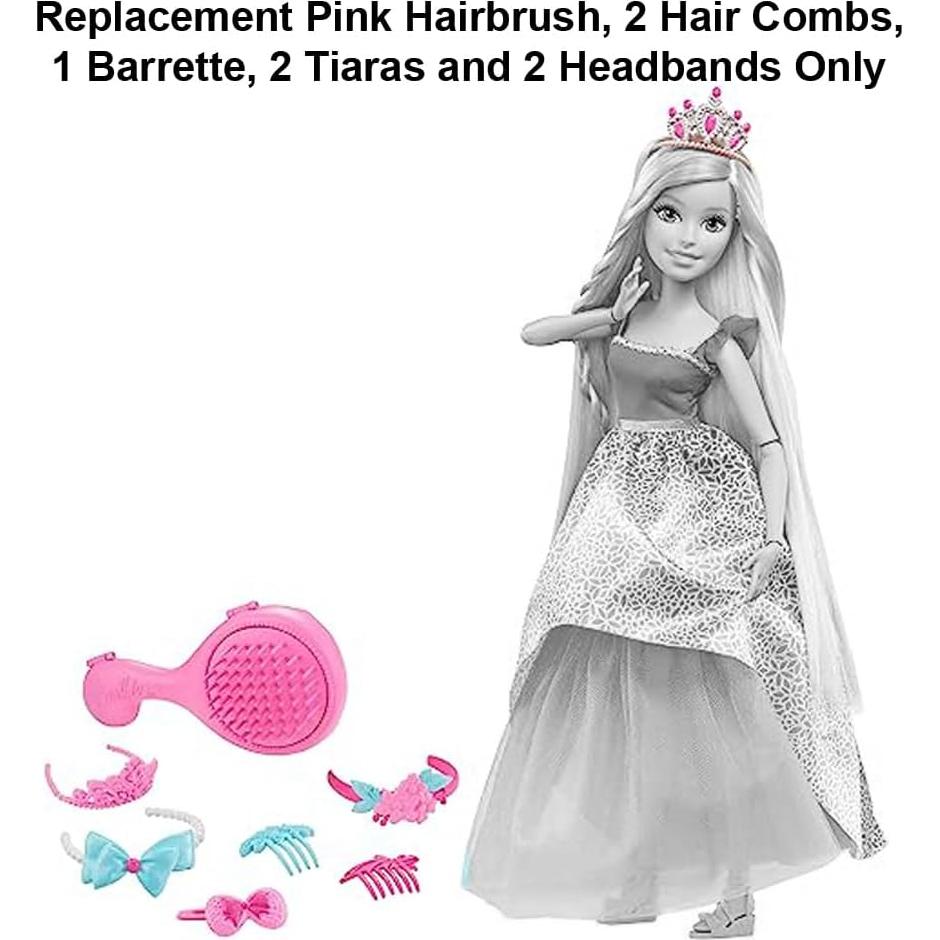 Replacement Parts for Inspired by Barbie Endless Hair Kingdom 17" Princess Doll DKR09 - Includes Pink Hairbrush, 2 Hair Combs, 1 Barrette, 2 Tiaras and 2 Headbands