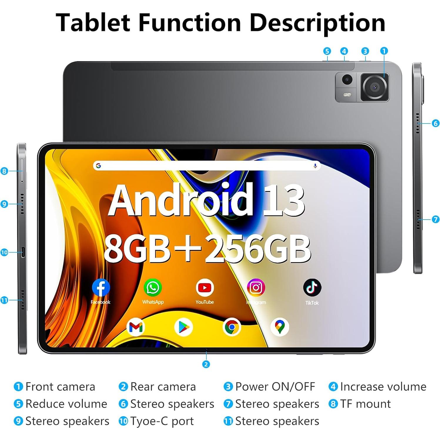 Tableta Naclud 12" Android 13 8GB RAM 256GB Funda Lavanda