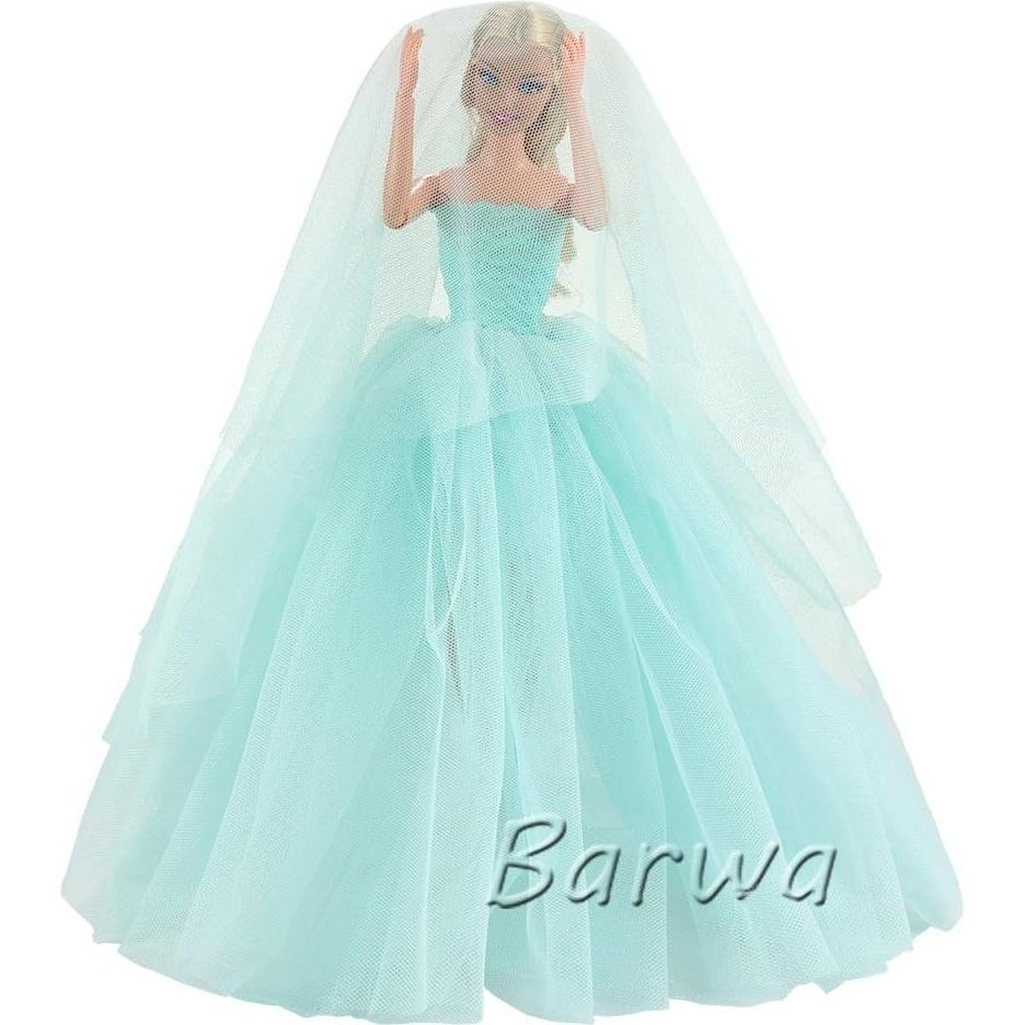 Vestido de Novia Azul Claro BARWA con Velo para Muñeca 29 cm