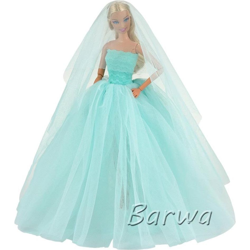 Vestido de Novia Azul Claro BARWA con Velo para Muñeca 29 cm