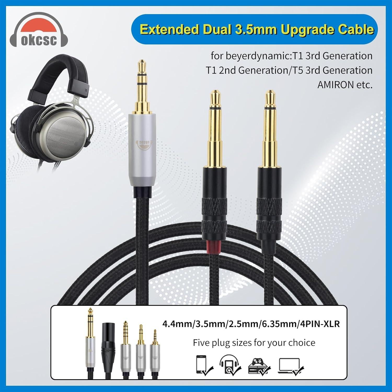 Cable de Auriculares Dual 3.5mm a 4.4mm okcsc 2.0m Trenzado Nylon