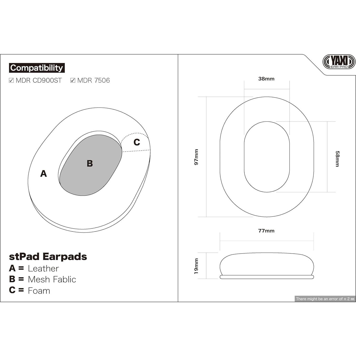 Almohadillas Negras YAXI stPad y stPad2 para Sony MDR7506