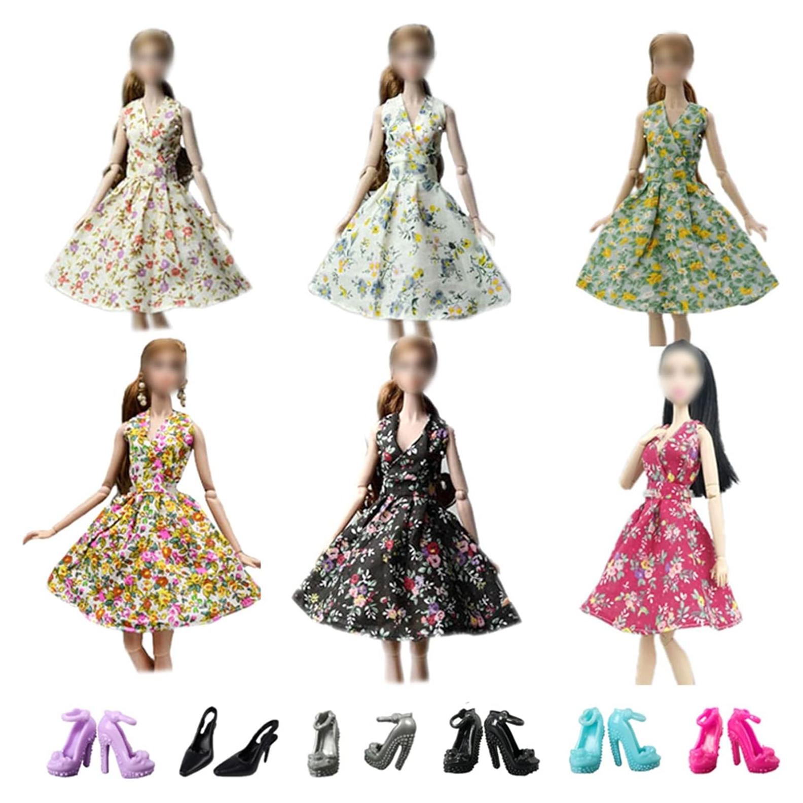 Conjunto 6 Piezas Vestido Floral y Zapatos Tacón para Muñeca 29.21 cm