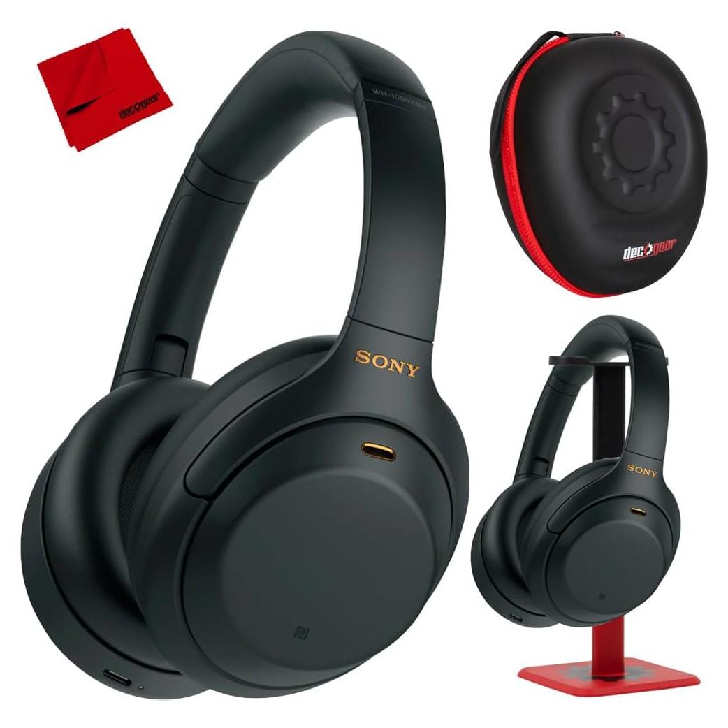 WH1000XM4/B Premium Noise Cancelling Wireless Over-The-Ear Headphones with Built in Microphone Black Bundle with Deco Gear Hard Case + Pro Audio Headphone Stand + Microfiber Cleaning Cloth