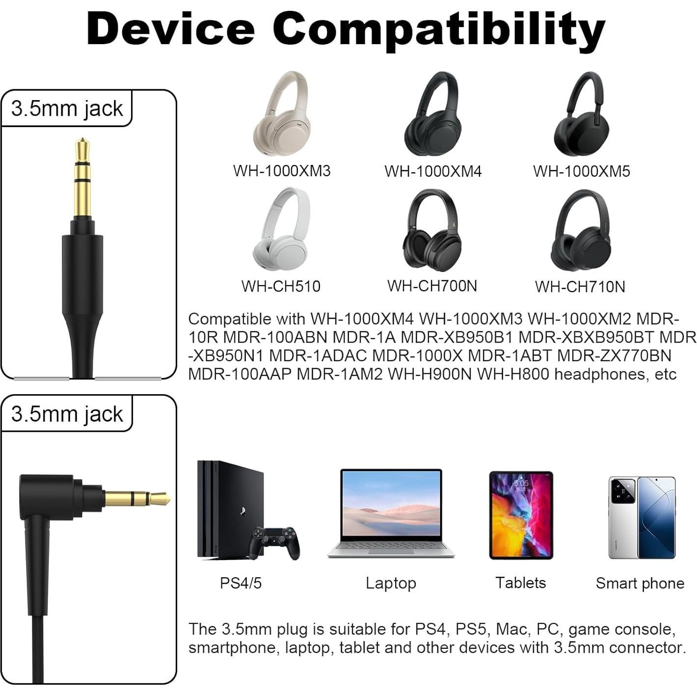 Cable de audio Toxaoii 1.5m compatible con Sony WH-1000XM5