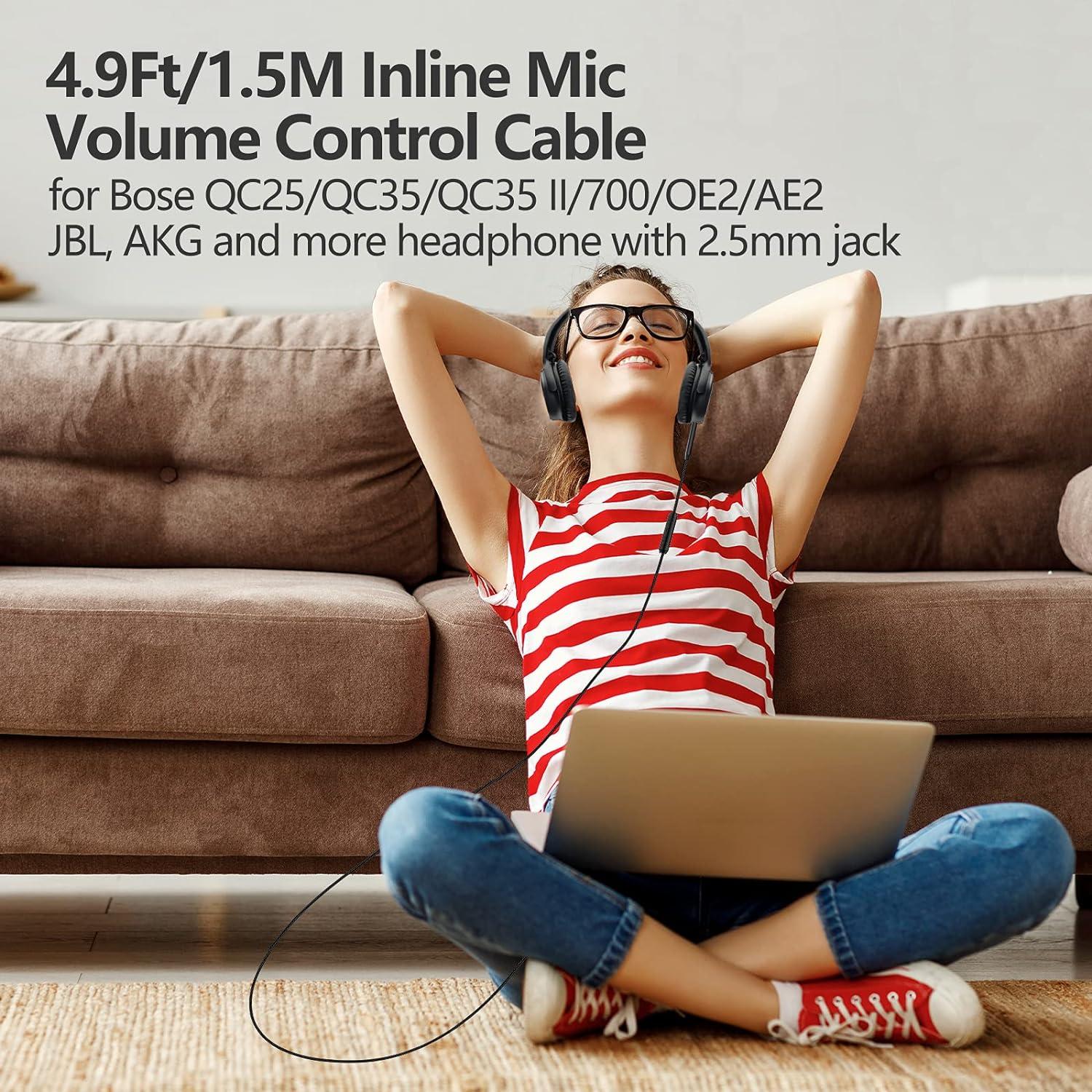 Replacement for Bose Headphone Cord, 2.5mm to 3.5mm Audio Cable for Bose 700 QC25 QC35 QC35 II OE2 AE2, JBL E45BT E55BT E65BTNC, AKG Nylon Braided Wire with Inline Mic & Volume Control (1.5m, Black)