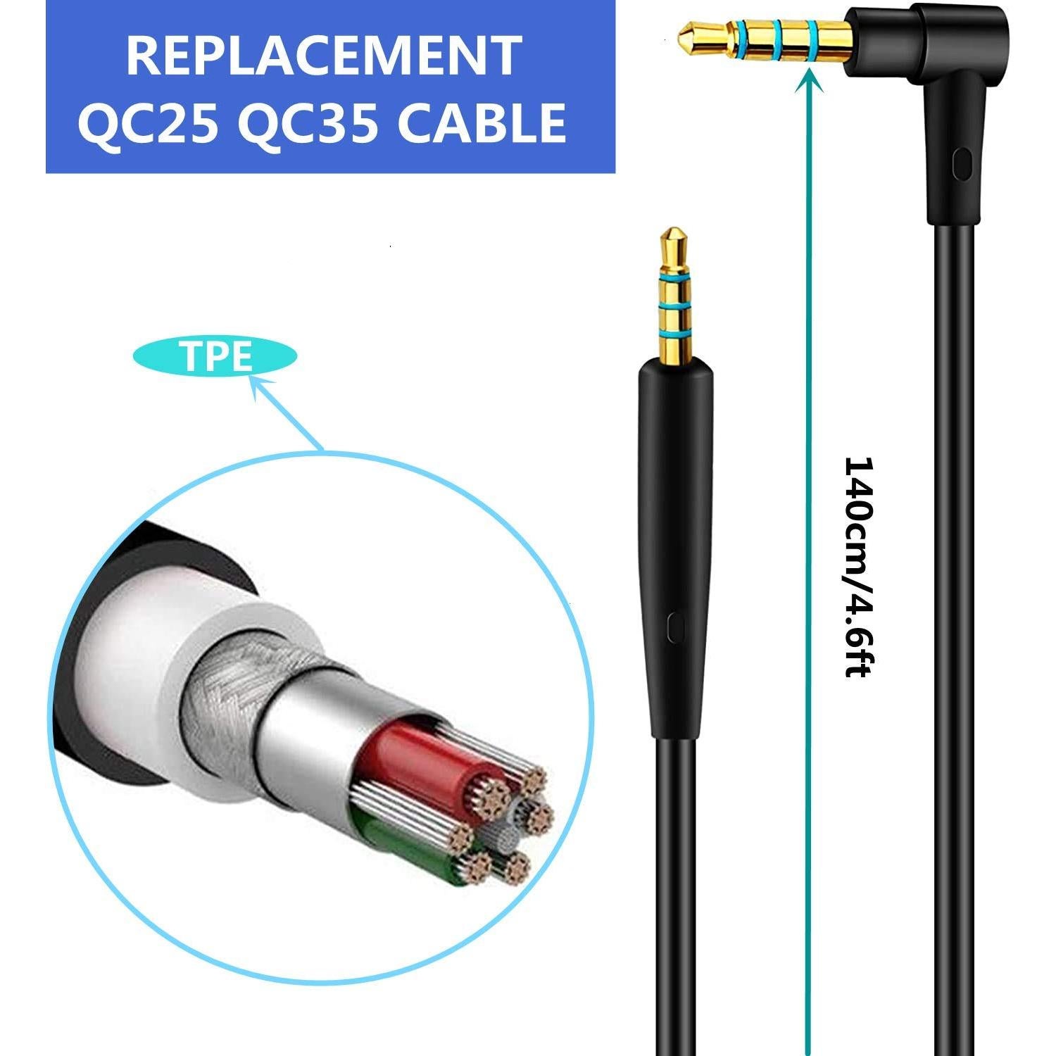 Cable de Reemplazo con Micrófono para Auriculares Bose QC25 QC35 - 140cm Negro
