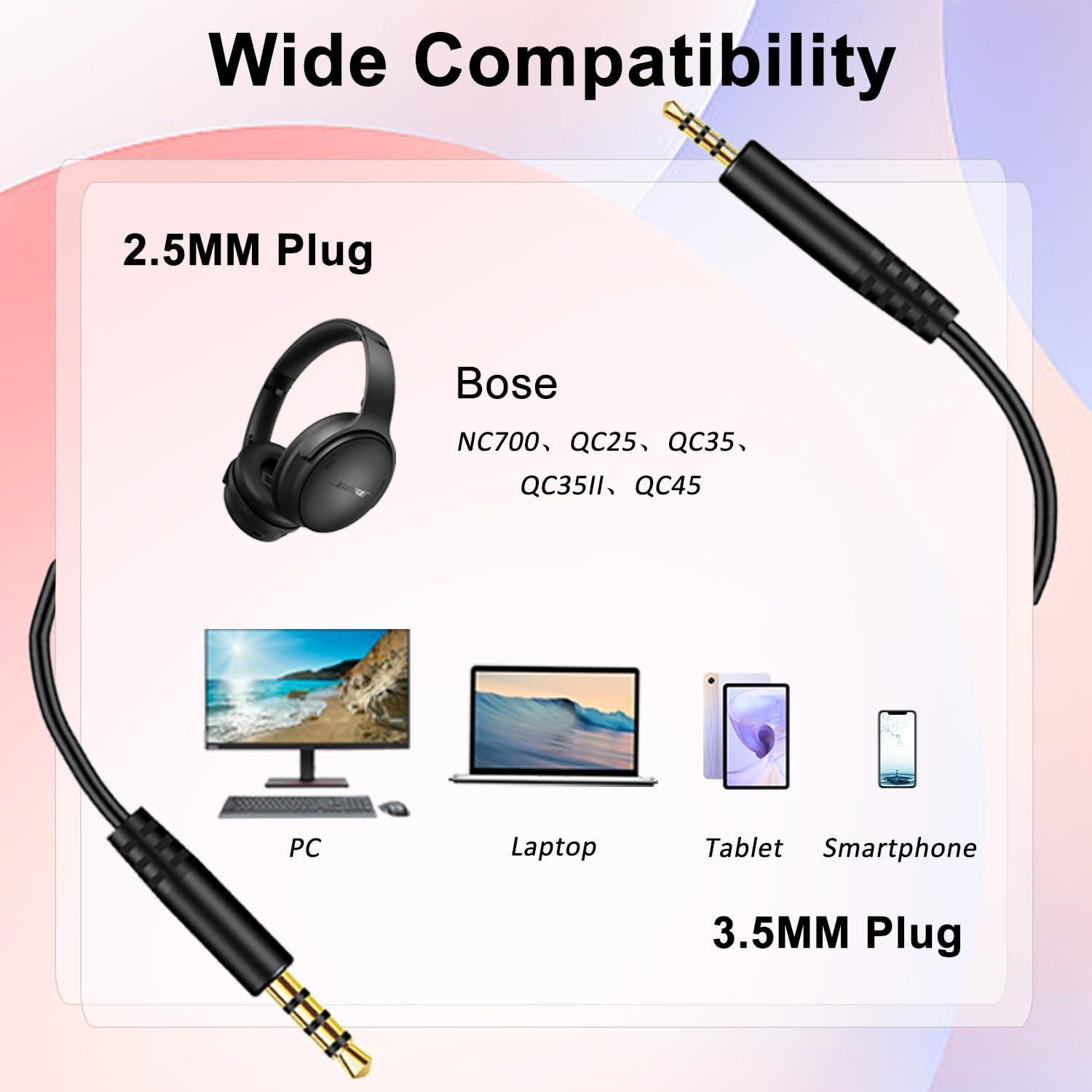 Cable de audio 2.5mm a 3.5mm Weatwo para auriculares Bose
