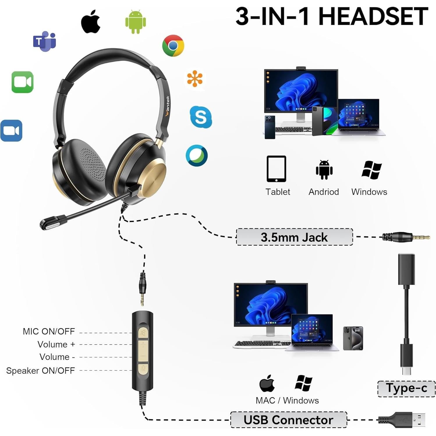 Auriculares Wantek 882FUSB con Micrófono y Cancelación de Ruido