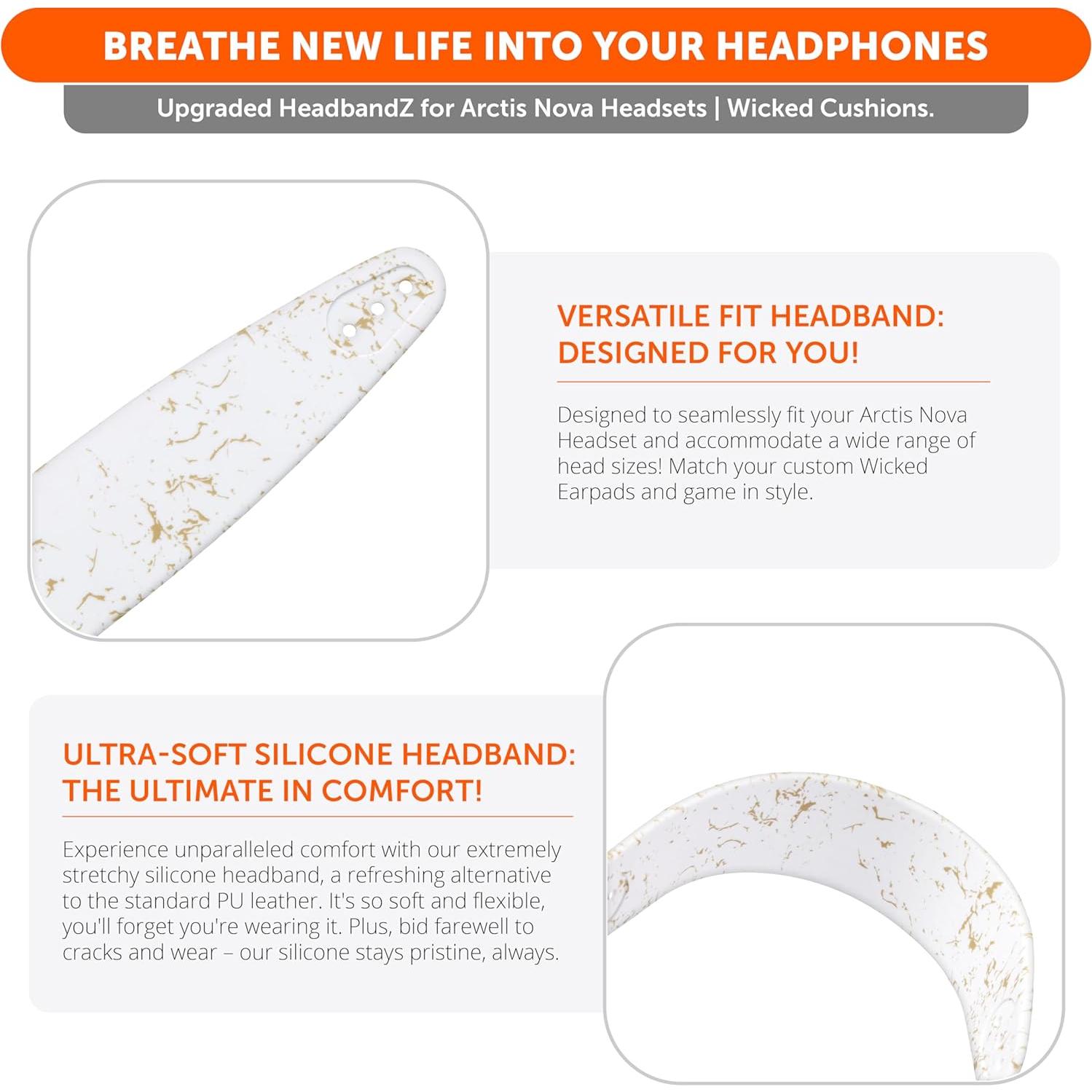 WC HeadbandZ Arctis Nova - Upgraded Silicone Headband for Arctis Nova Headsets by Wicked Cushions - Enhanced Flexibility, Comfort, and Style with Matching Earpad Designs| Gold Marble