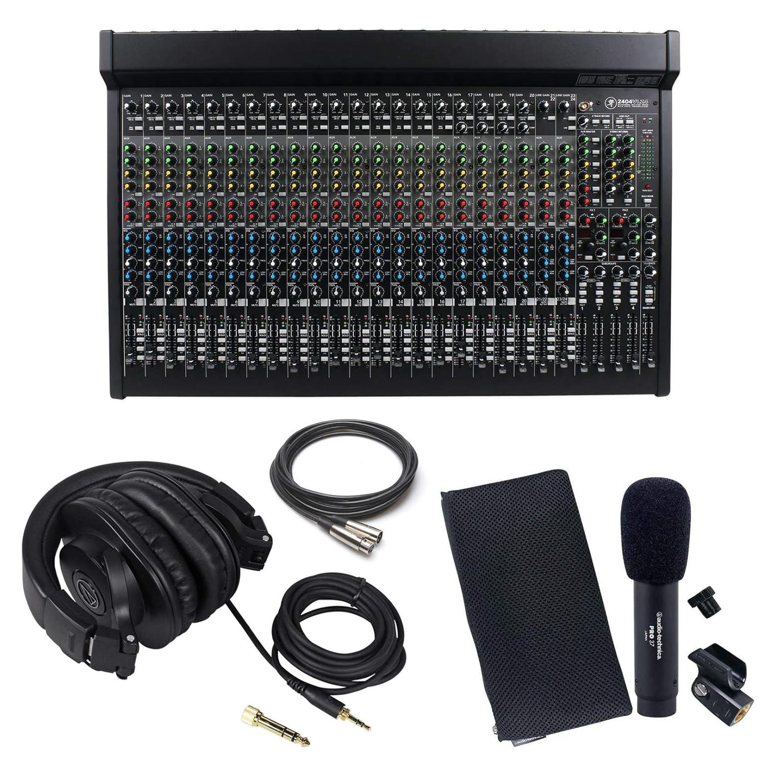 2404VLZ4 24-channel 4-Bus FX Mixer Bundle with Audio Technica PRO37 Condenser Microphone , Audio Technica Studio Monitor Headphones & Hosa 3 Pin XLR Female to Male Microphone Cable (4 item)