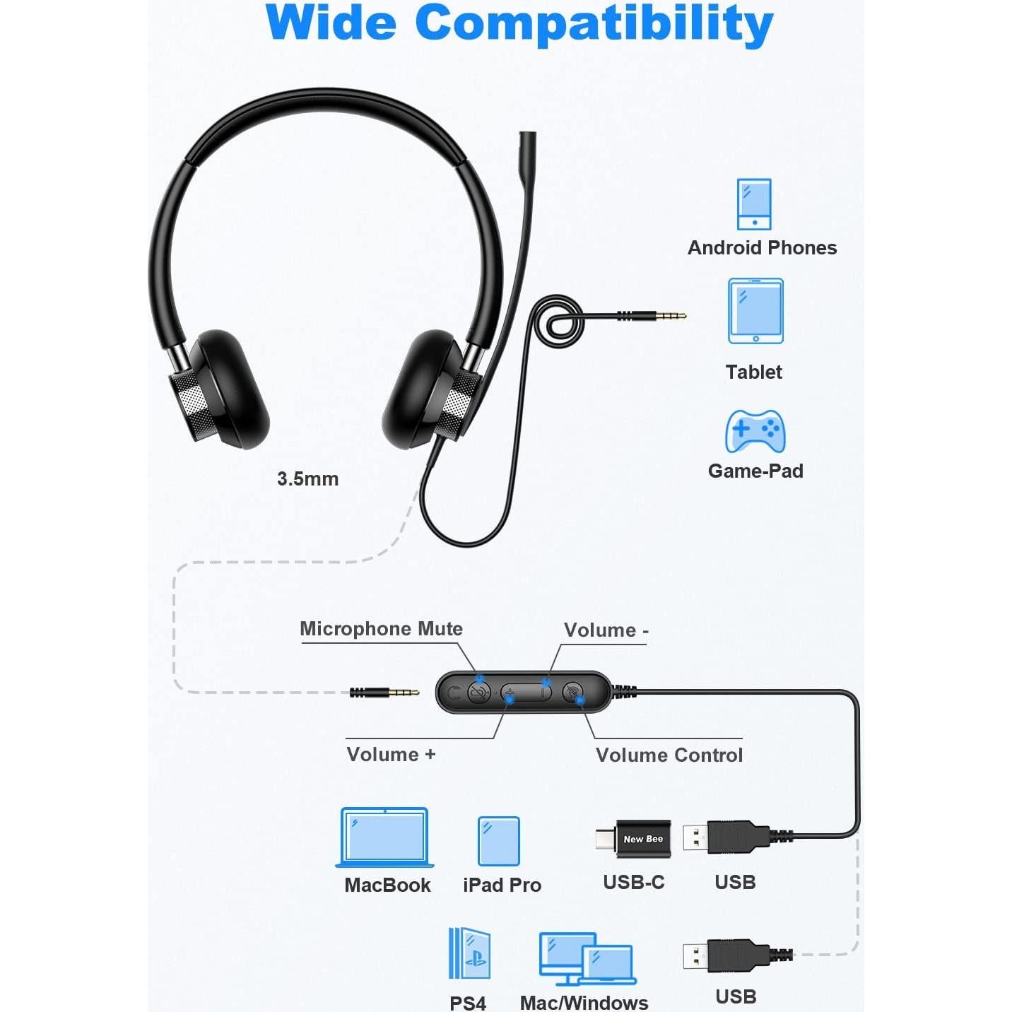 Auricular USB New Bee H362 con micrófono y control de volumen