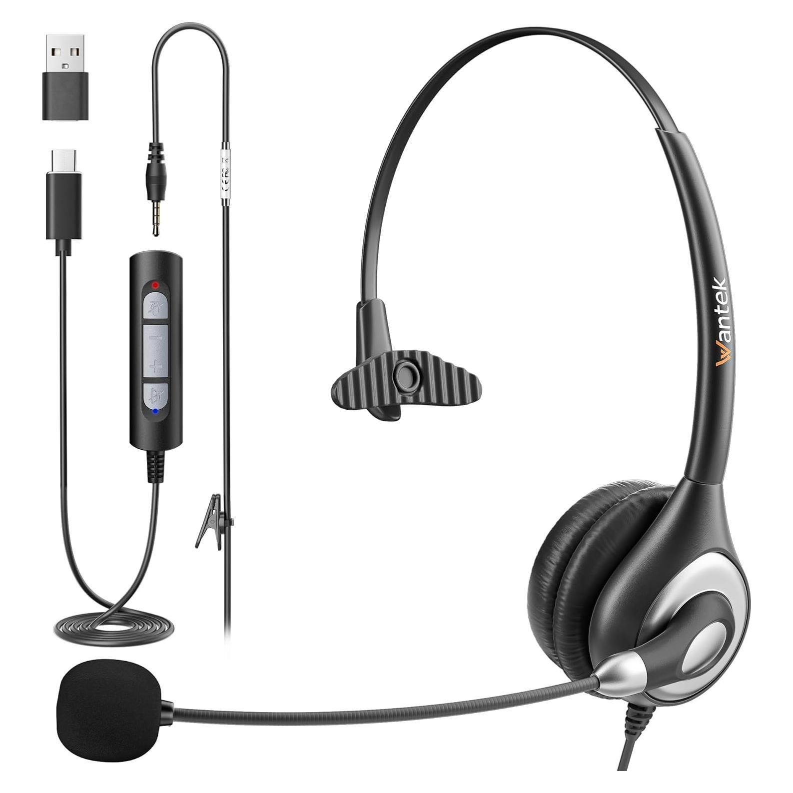 Auricular USB-C Wantek HSM-600NTYPEC con micrófono y cancelación de ruido