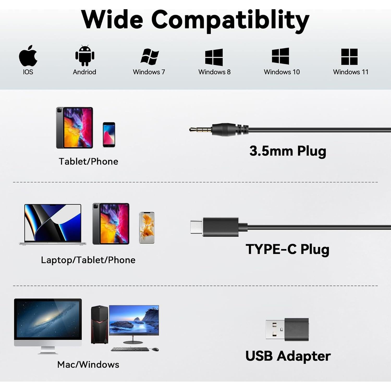 Auricular USB-C Wantek HSM-600NTYPEC con micrófono y cancelación de ruido