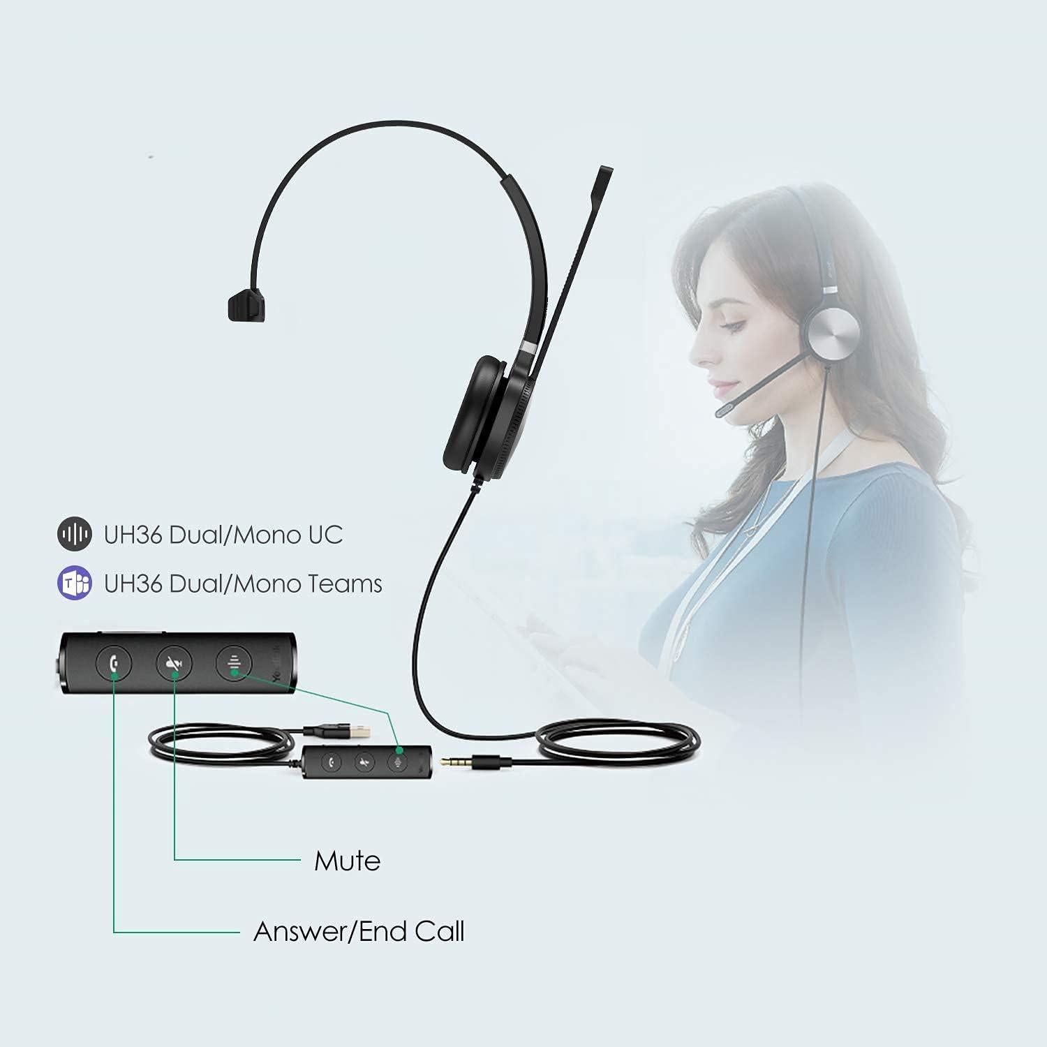 Auriculares USB Yealink UH36 Mono con Micrófono y Cancelación de Ruido