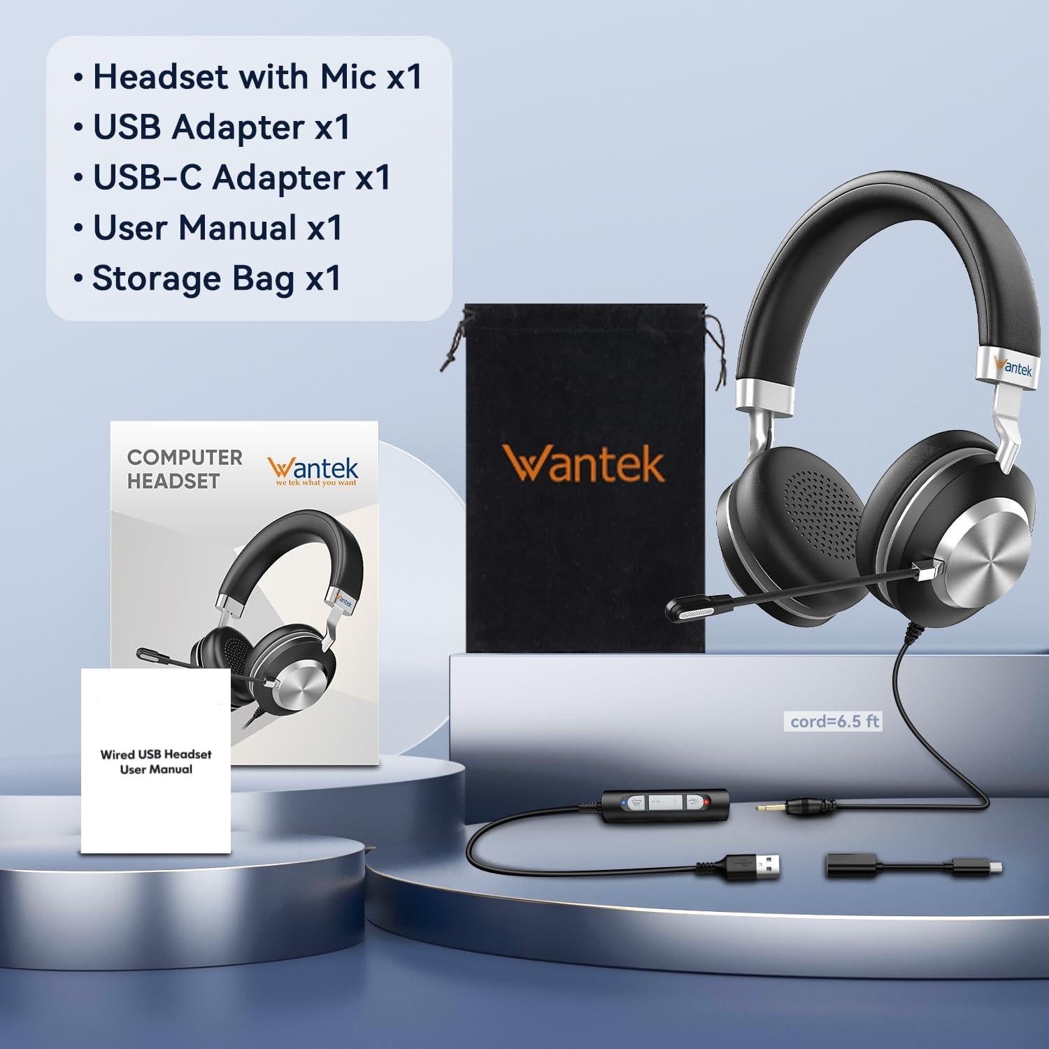 Auriculares USB Wantek 882MFUSB con Micrófono y Cancelación de Ruido