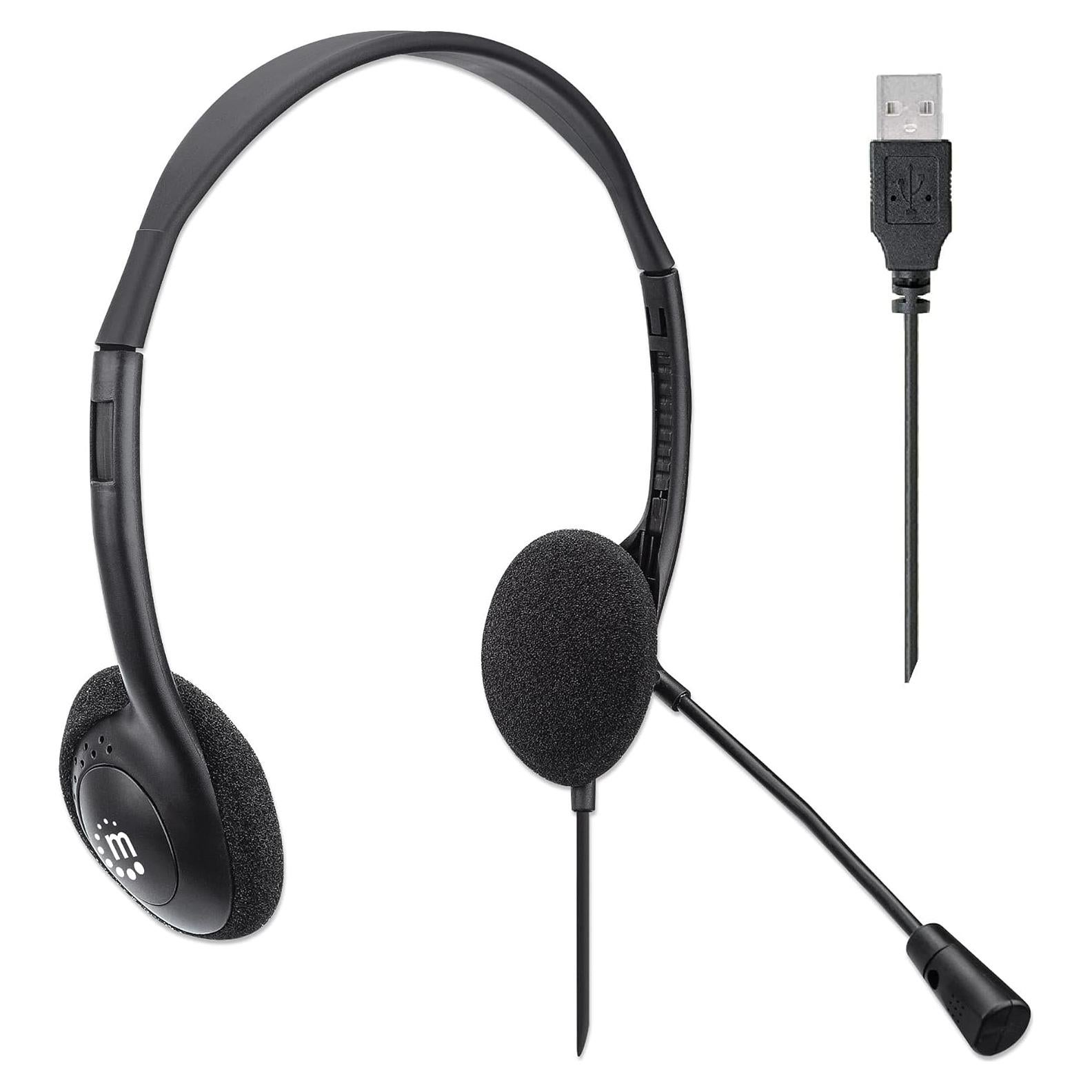 MANHATTAN USB Headset with Mic & Long 5 ft Cable - Dual-Sided Padded On-Ear, Adjustable Headband - for Desktop, Laptop, Computer – 3 Yr Mfg Warranty - 179461