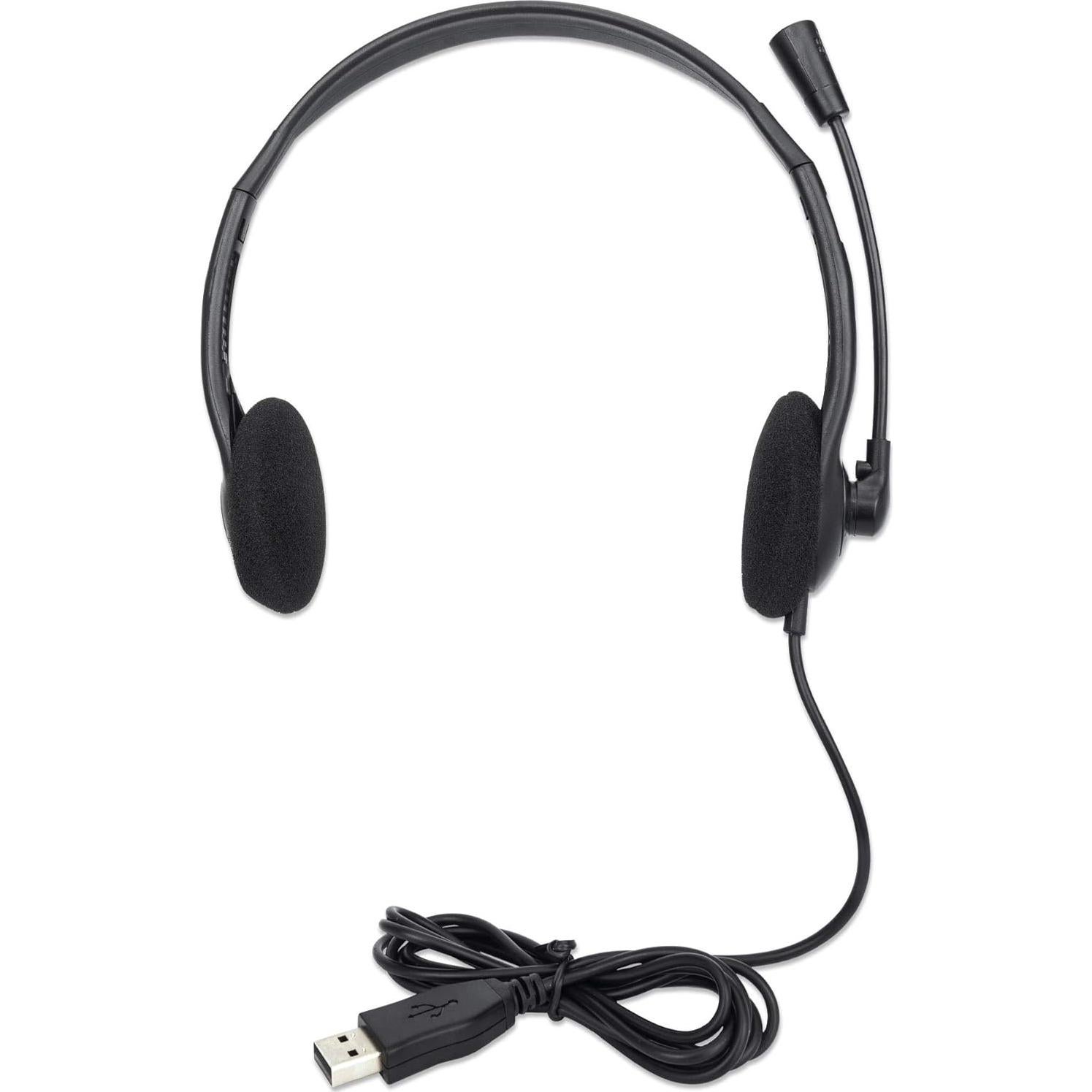 MANHATTAN USB Headset with Mic & Long 5 ft Cable - Dual-Sided Padded On-Ear, Adjustable Headband - for Desktop, Laptop, Computer – 3 Yr Mfg Warranty - 179461