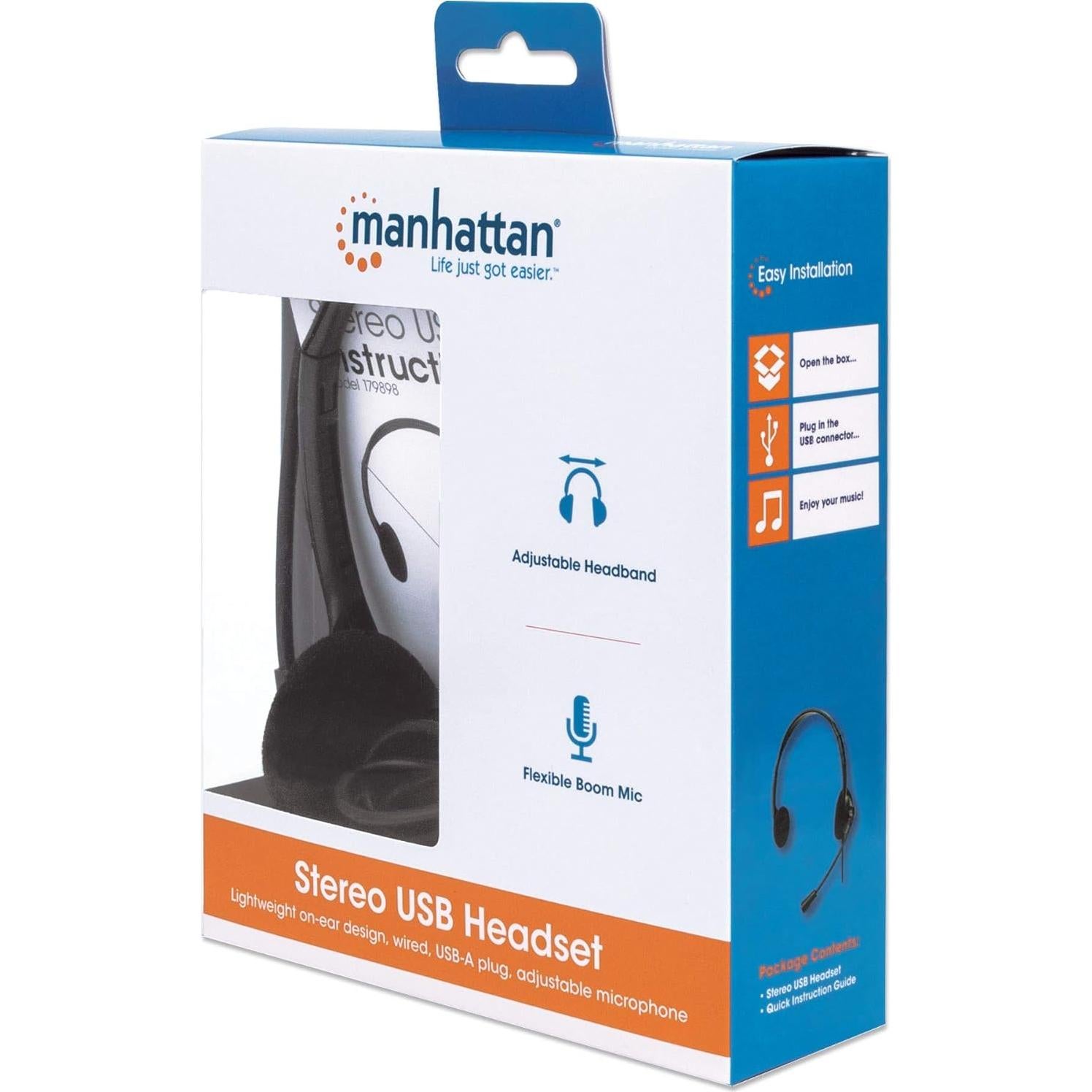 MANHATTAN USB Headset with Mic & Long 5 ft Cable - Dual-Sided Padded On-Ear, Adjustable Headband - for Desktop, Laptop, Computer – 3 Yr Mfg Warranty - 179461