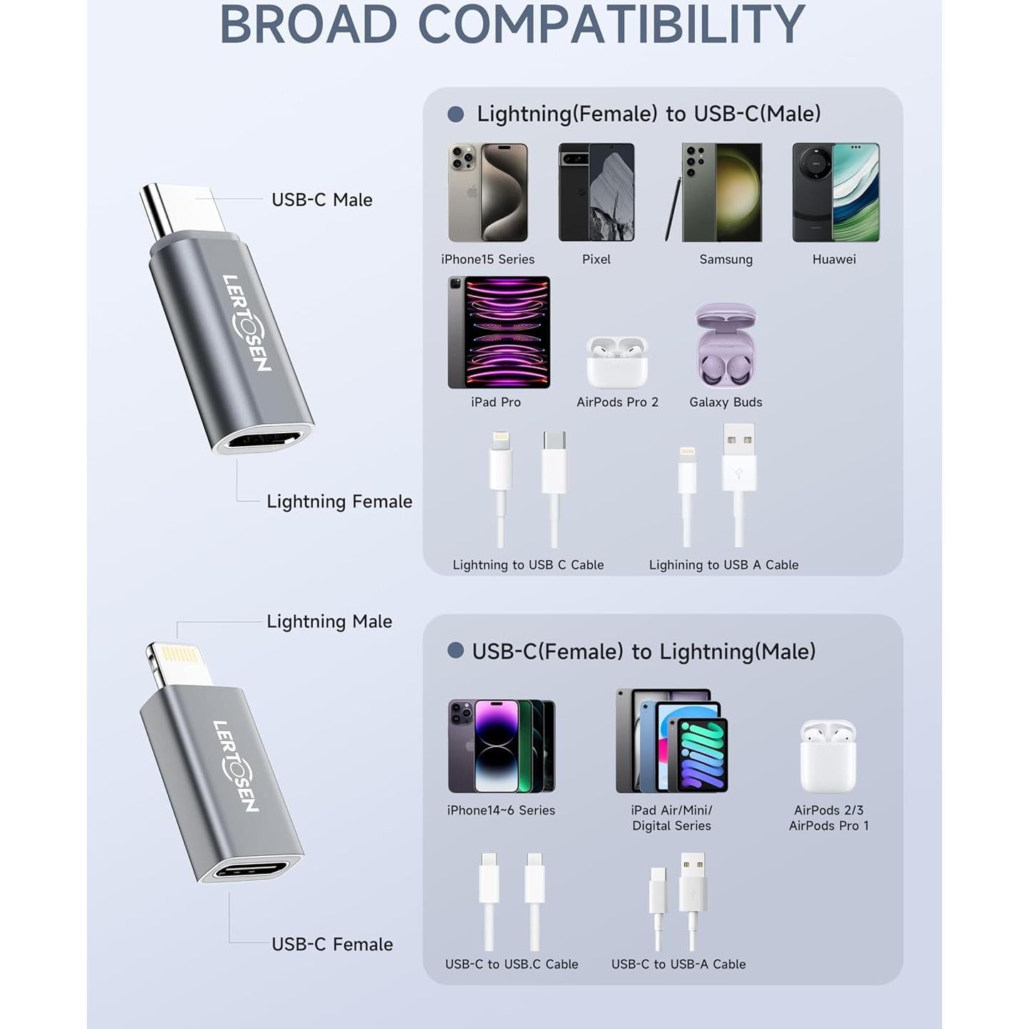 Paquete de 2 Adaptadores Lightning a USB-C LERTOSEN 27W