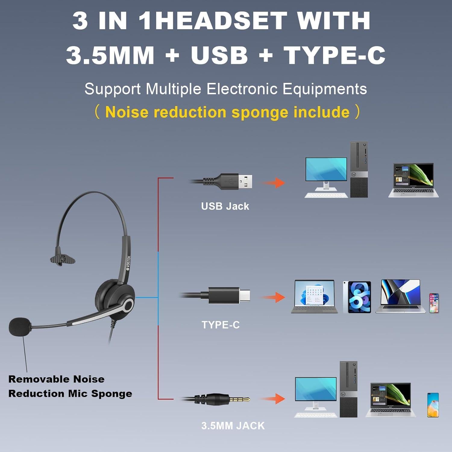 Auriculares USB Voistek Mono con Micrófono y Cancelación de Ruido