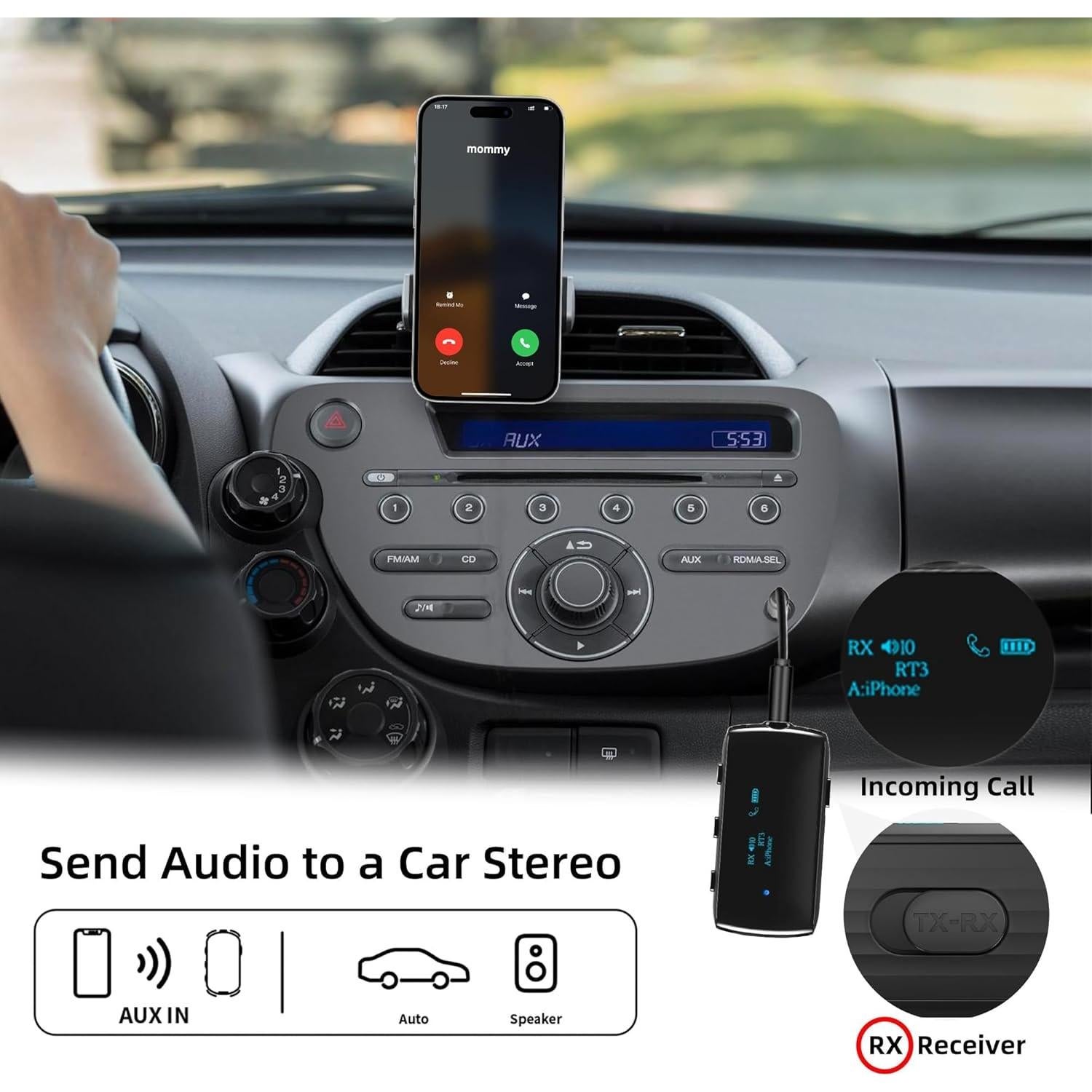 Bluetooth Transmitter Receiver for 2 AirPods/Headphones, Flight Bluetooth 5.2 Adapter for Airplane, TV, and Gym with a 3.5mm Audio Jack, Wireless BT Receiver with Mic for Car/Home Stereo