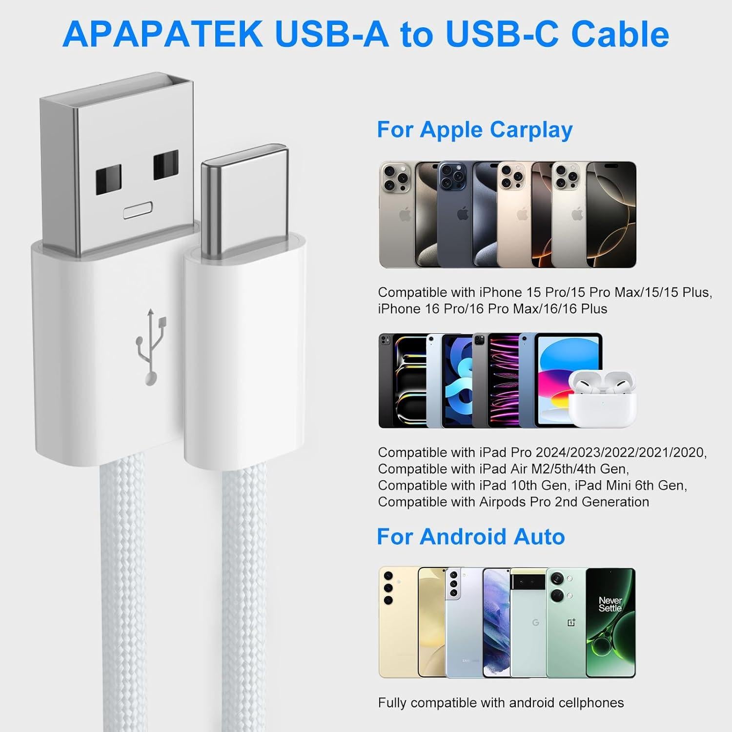 Cable USB-A a USB-C para CarPlay iPhone 15/16 Pro Max 1m