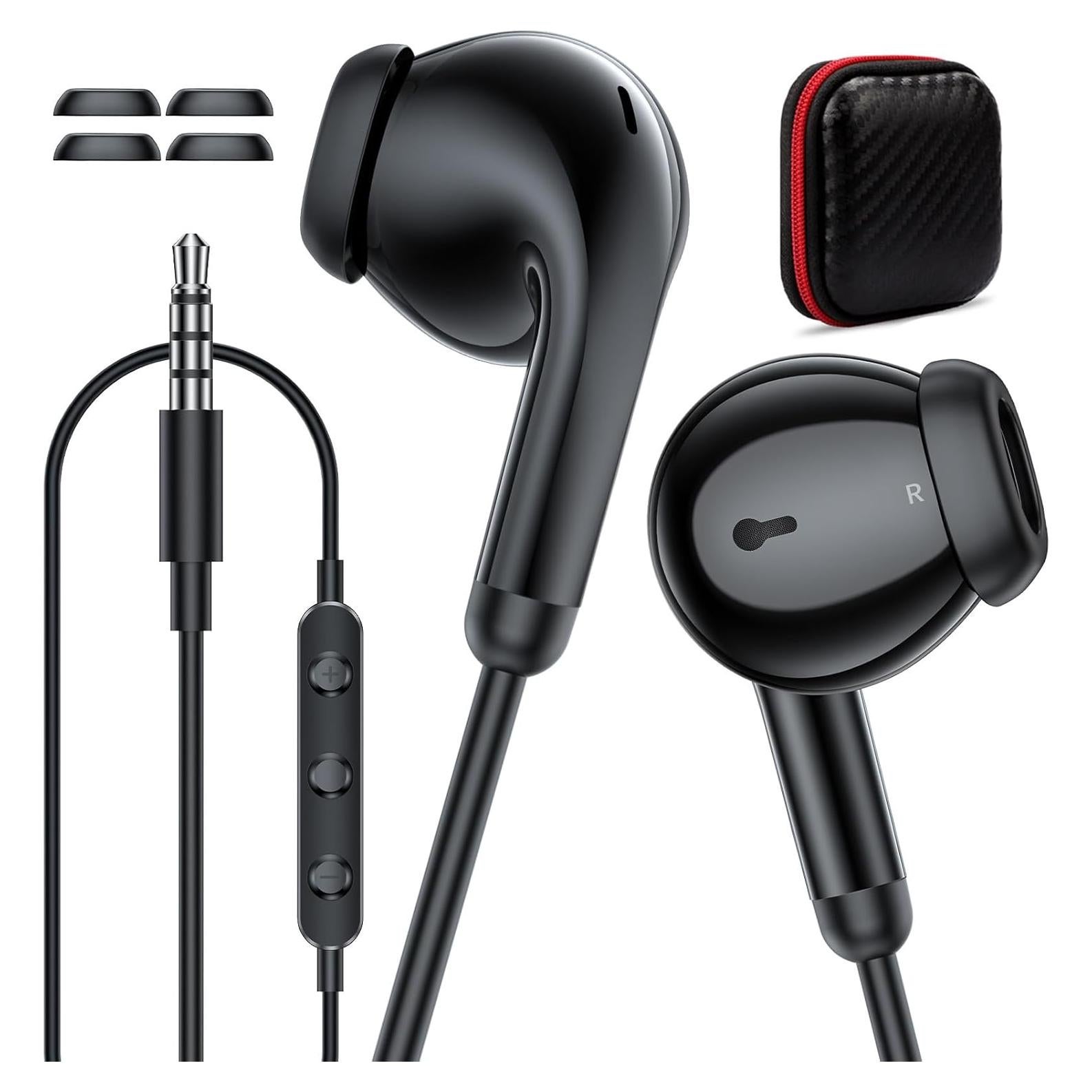 3.5mm Headphones Wired Earbuds with Microphone Noise Cancelling Earphone HiFi Stereo Clear Call Volume Control Semi in-Ear Ear Buds for Samsung A14 S10 A12 A25 Moto G Power G Pure School Travel, Black