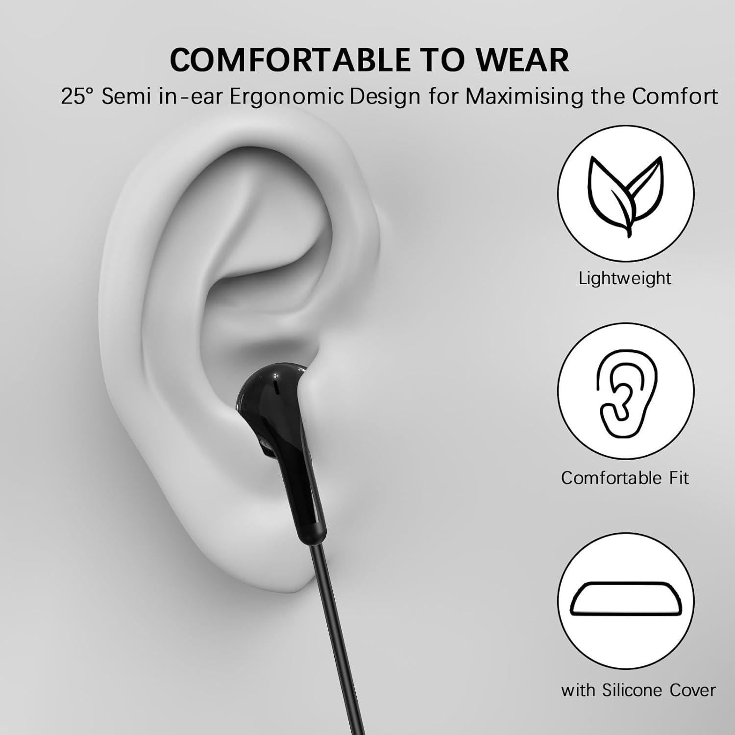 3.5mm Headphones Wired Earbuds with Microphone Noise Cancelling Earphone HiFi Stereo Clear Call Volume Control Semi in-Ear Ear Buds for Samsung A14 S10 A12 A25 Moto G Power G Pure School Travel, Black